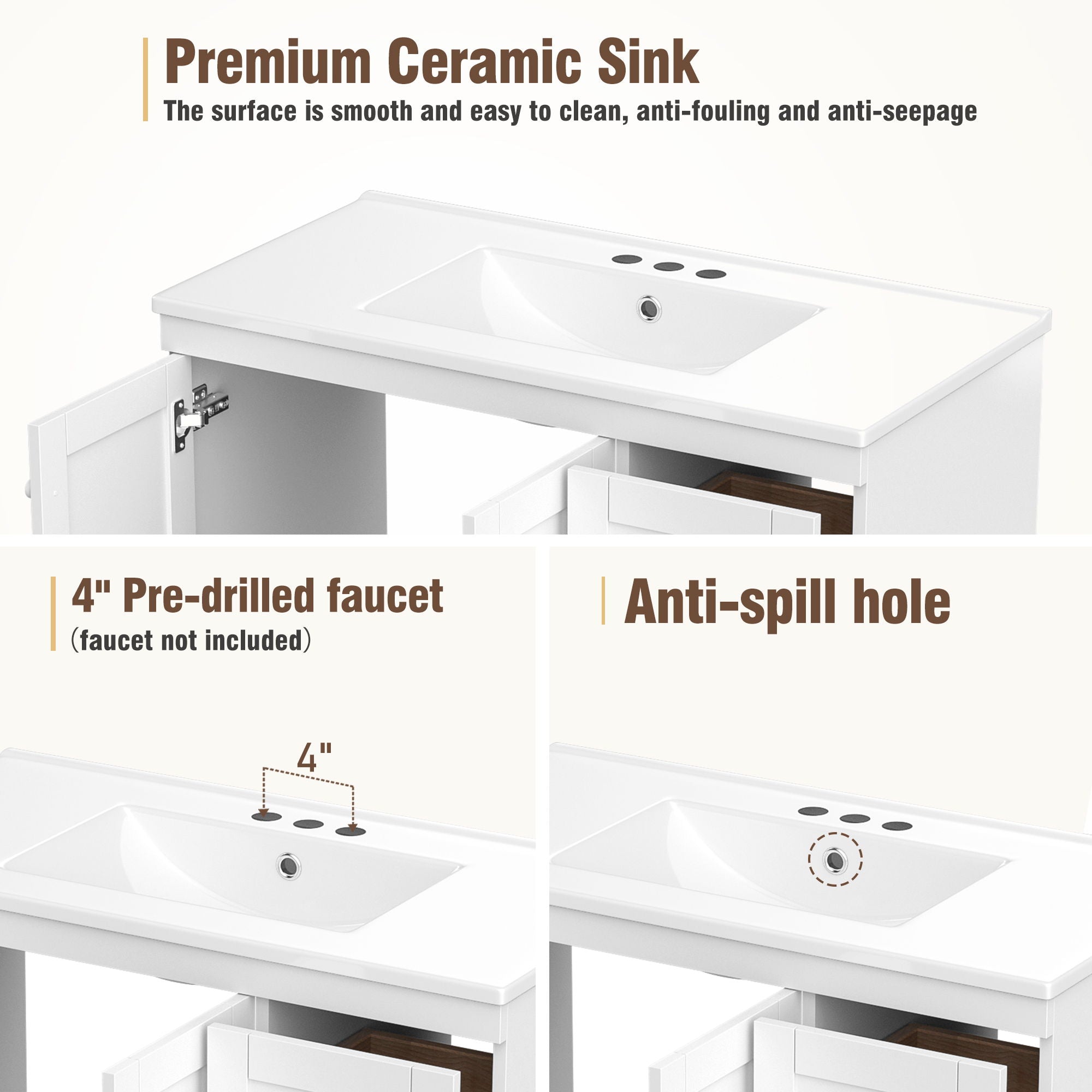 Shaker Free Standing Bathroom Vanity Cabinet With Sink, Soft Close Drawers And Doors - White