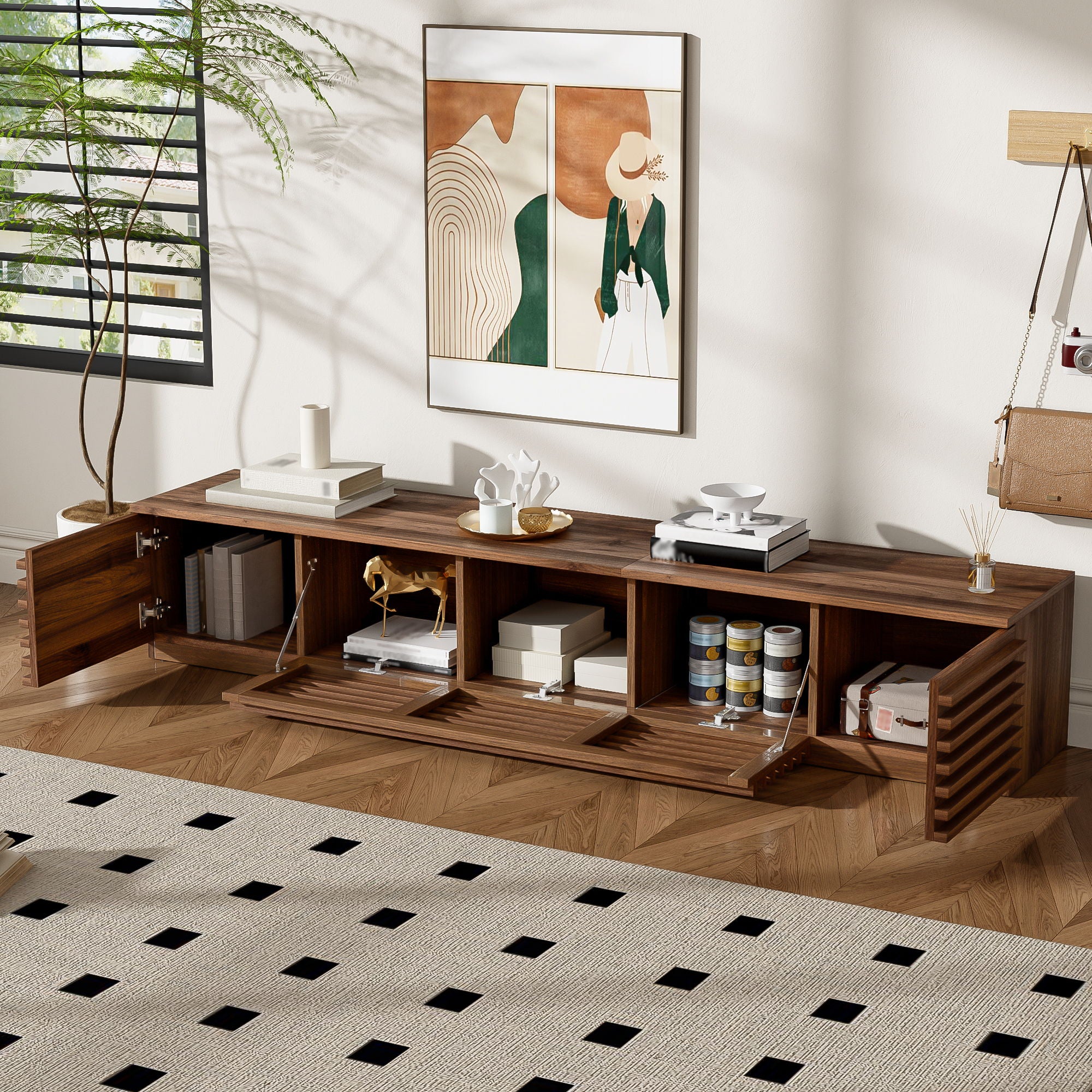 TV Stand For TVs, Entertainment Center With Cable Management And Soft Closing Hinges - Walnut