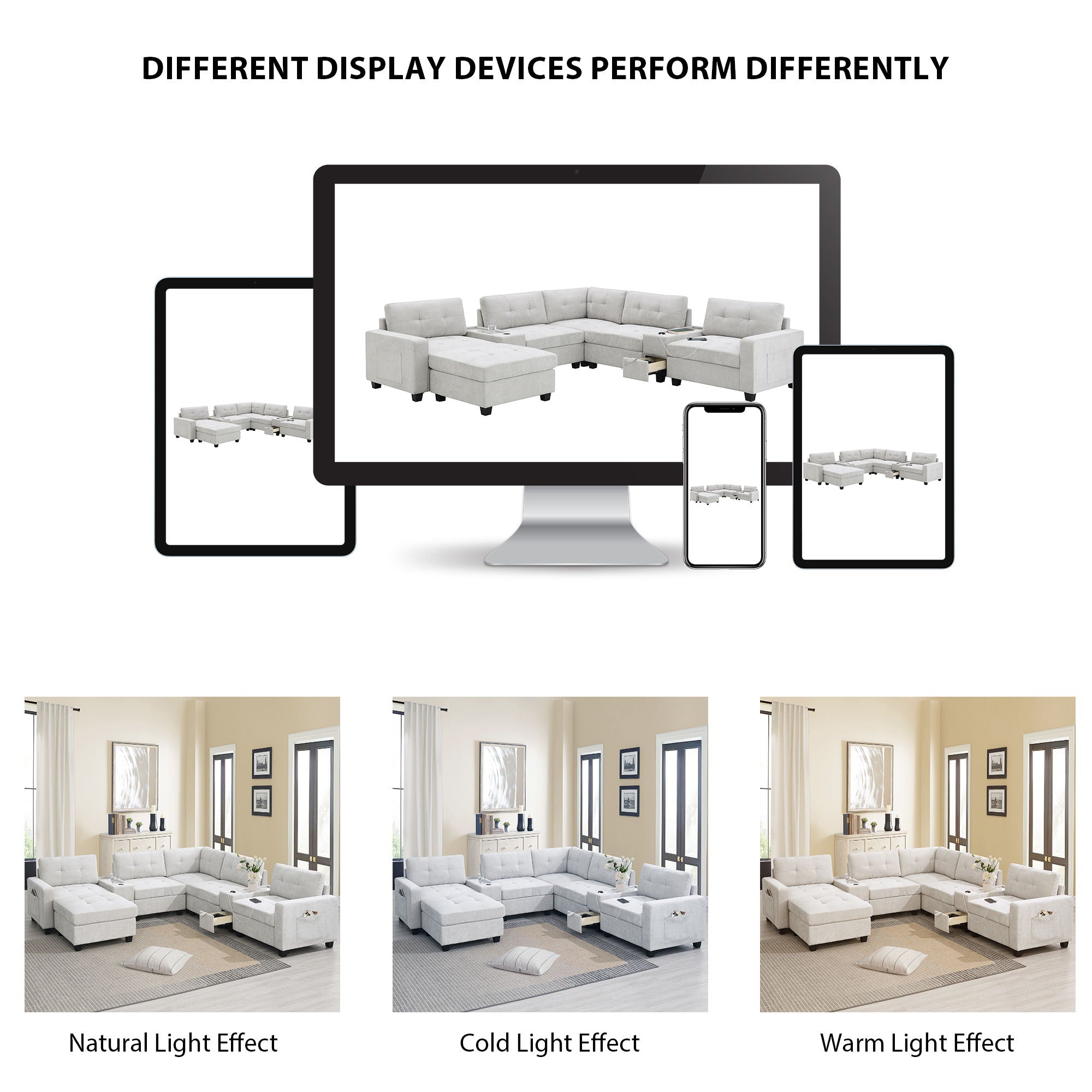 Sectional With Acrylic Table Top U Shaped Couch Set With 2 Consoles USB Charger, Storage Drawers And Pockets Movable Ottoman Tufted Sofa