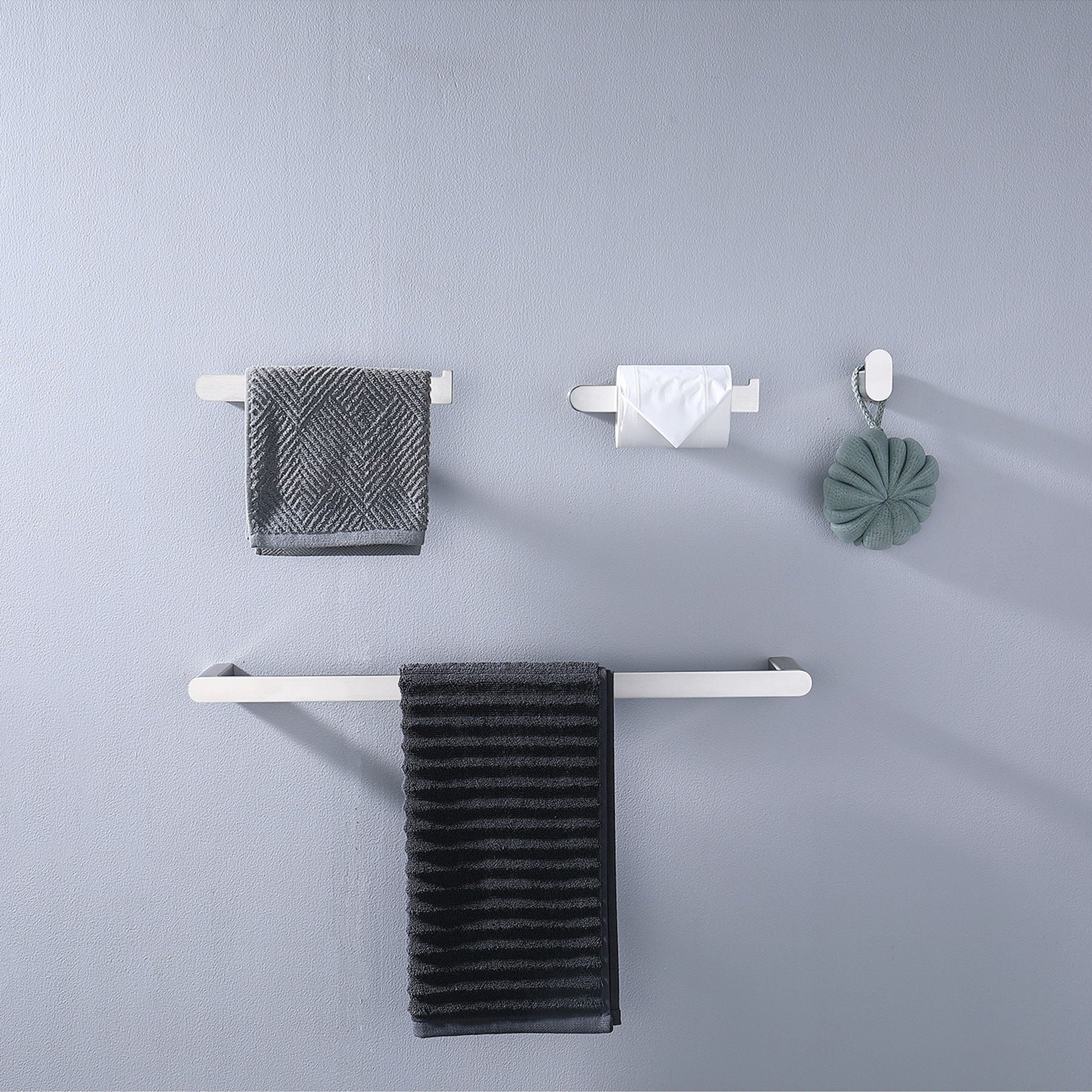 Modern Wall Mounted Bathroom Hardware Set With Robe Hook, Towel Rail, And Tissue Paper Holder - Brushed Nickel