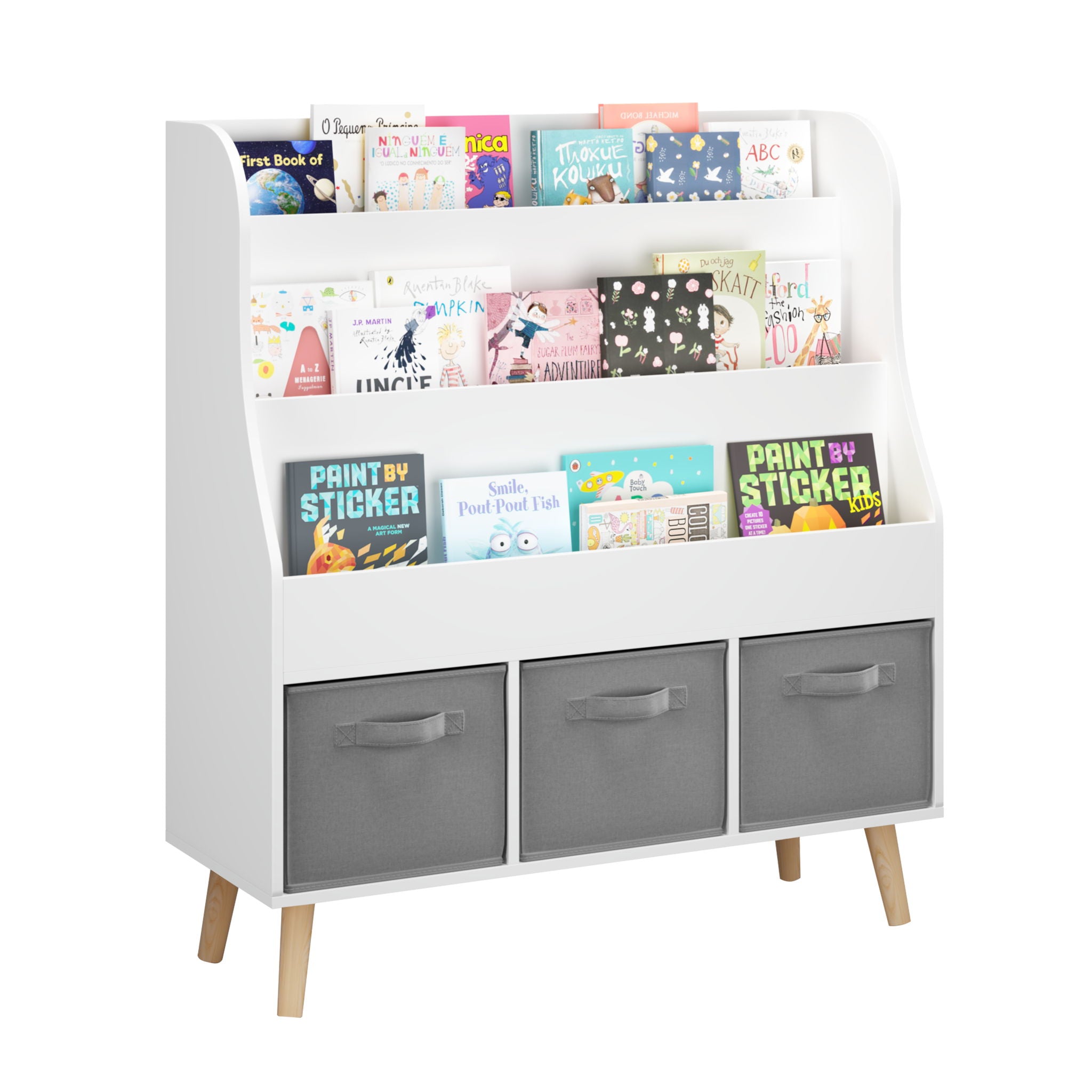 Bookshelf With 3 Storage Bins, Book Display Organizer, Front Facing Book Rack - White