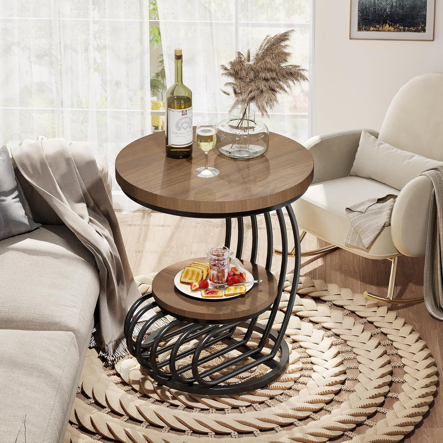 Round Vintage End Table With 2 Tier Storage