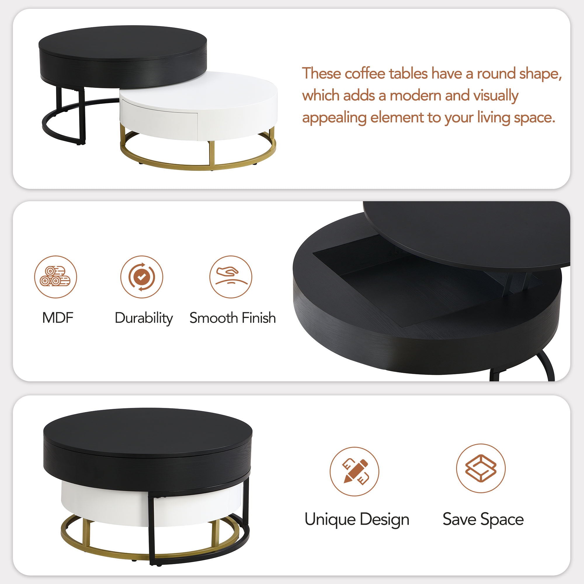 Modern Round Lift-Top Nesting Coffee Tables With 2 Drawers