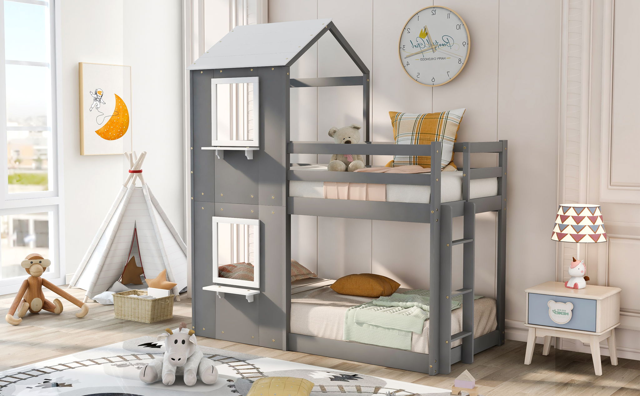 Bunk Bed Wood Bed & Roof, Window, Guardrail, Ladder
