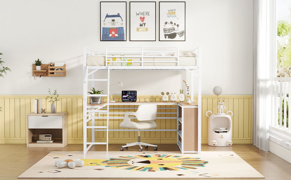 Loft Bed & 3 Layers Of Shelves And L-Shaped Desk