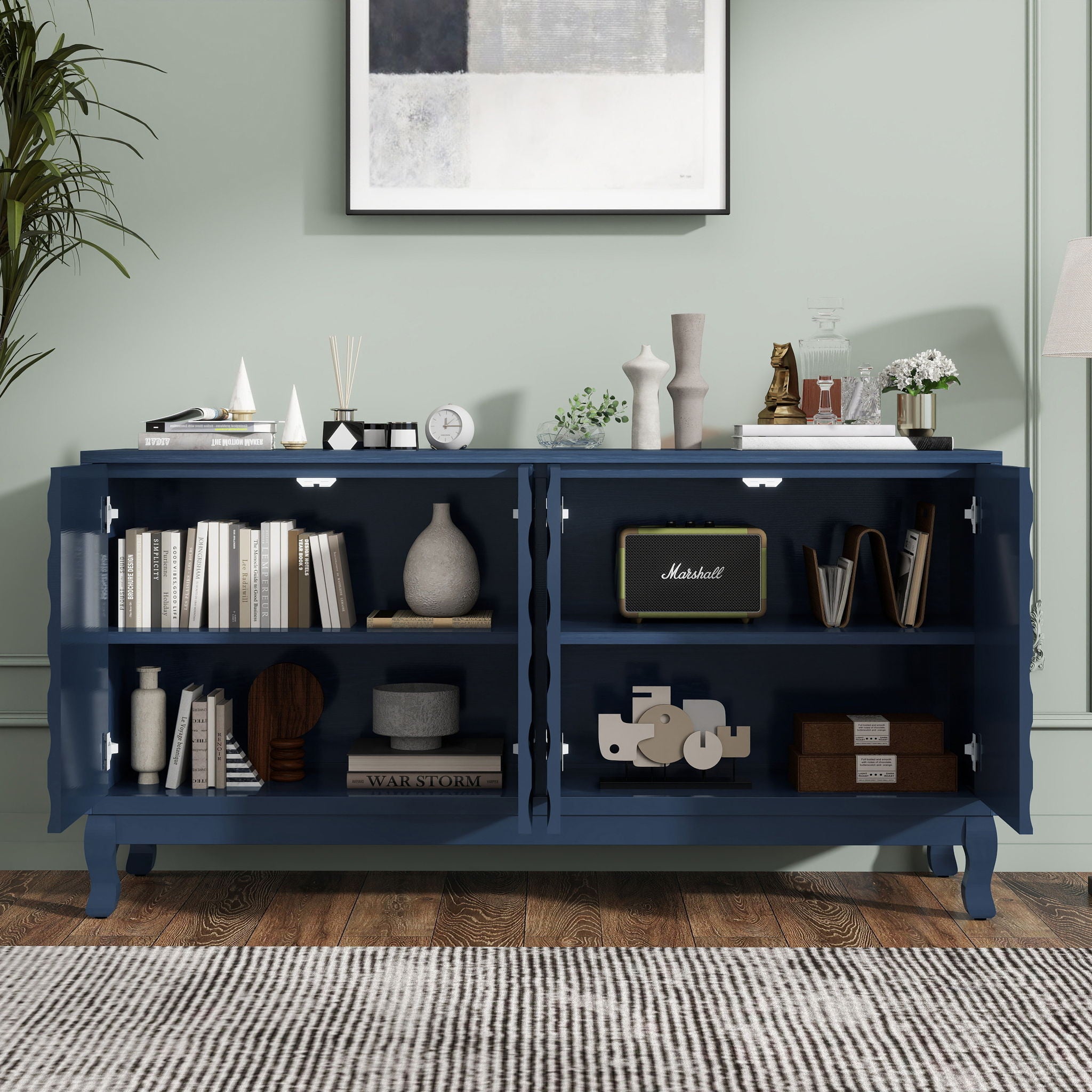 Elegant Sideboard With Sophisticated Wavy Pattern Doors And Arched Groove Design, Adjustable 4 Door Layout