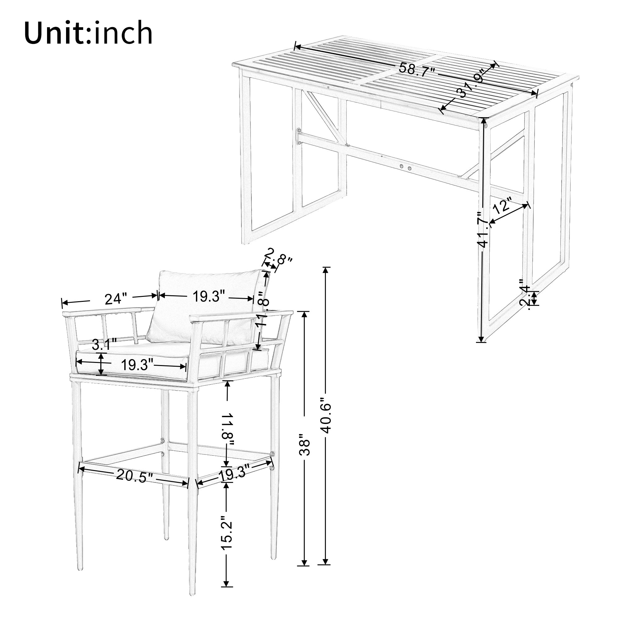 U_Style Iron Outdoor Dining Set with Acacia Wood Armrest