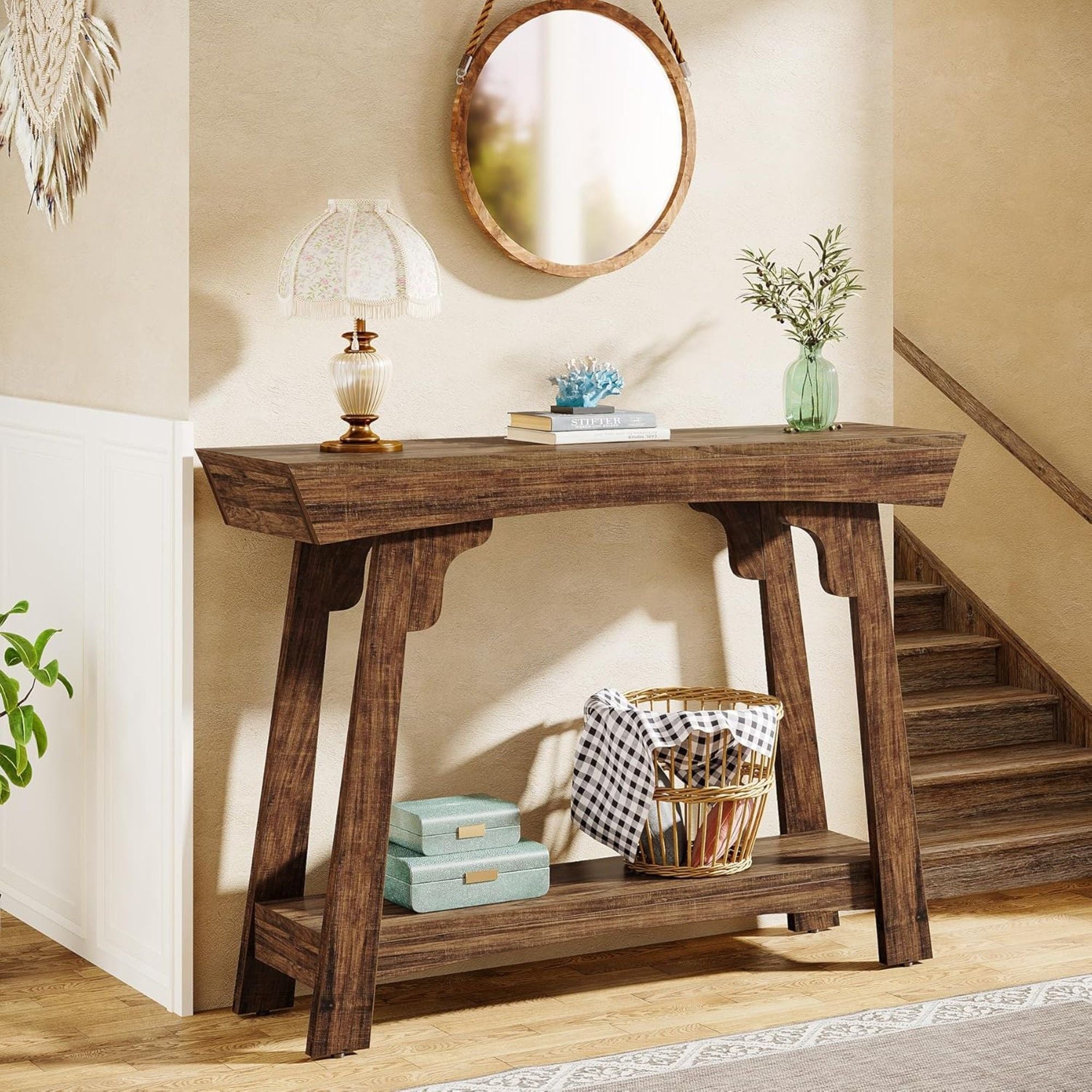 Console Table With 2 Tier Storage - Rustic Brown