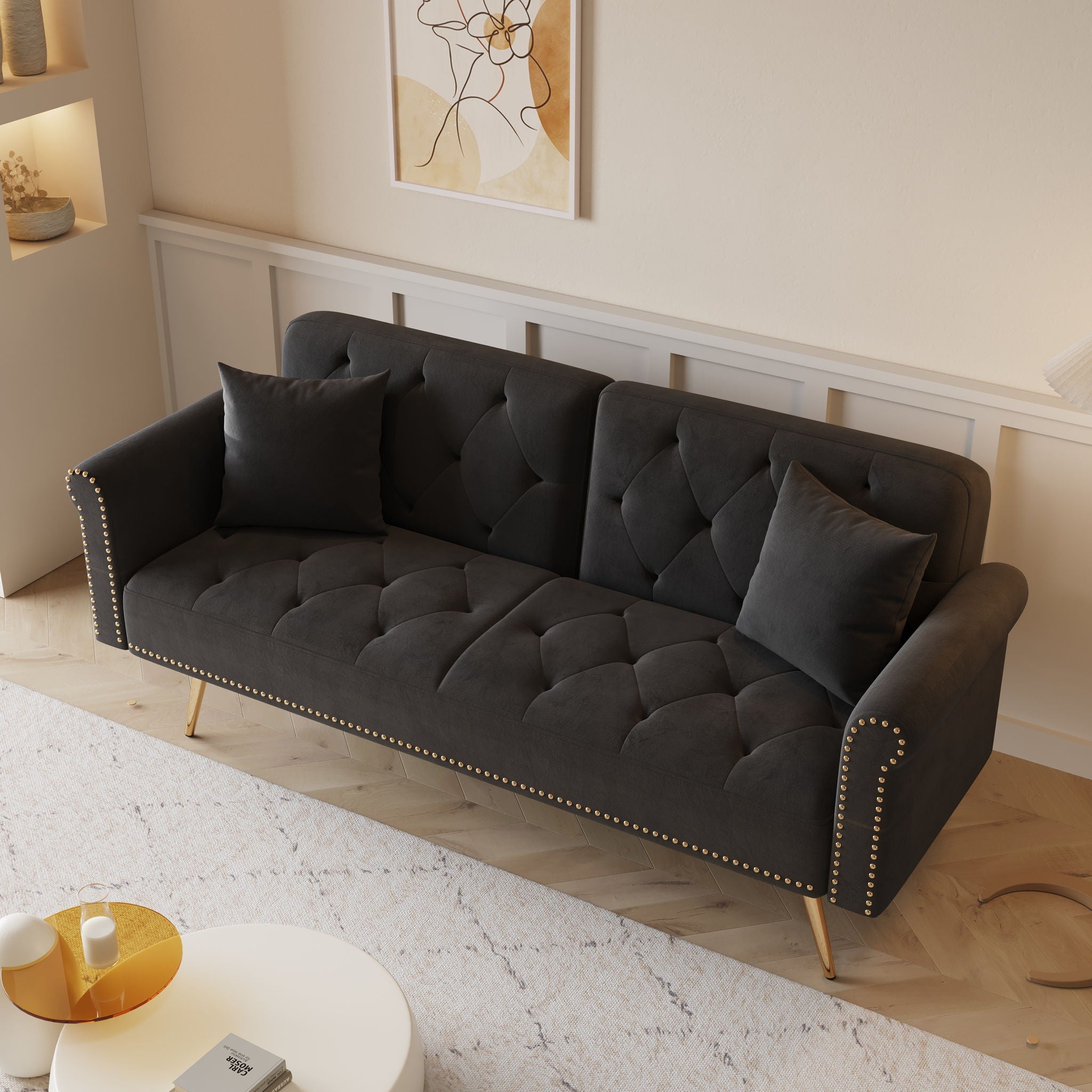 Luxurious Velvet Sofa Bed With Nail Head Trim And Matching Pillow