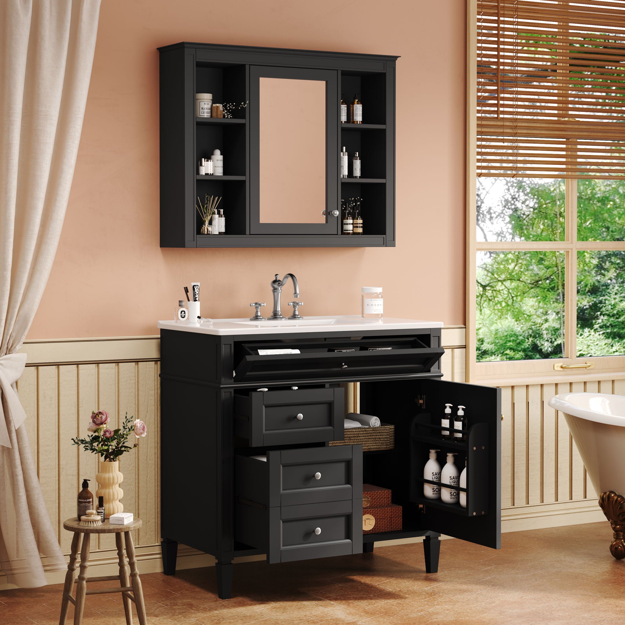 Bathroom Vanity With Mirror Cabinet, Single Sink With 2 Soft Closing Doors And 4 Drawers