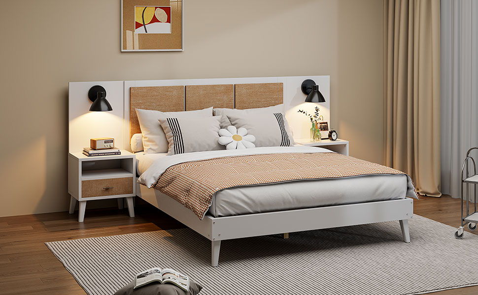 Bed Frame With 2 Nightstands Elegant Design With Lamps