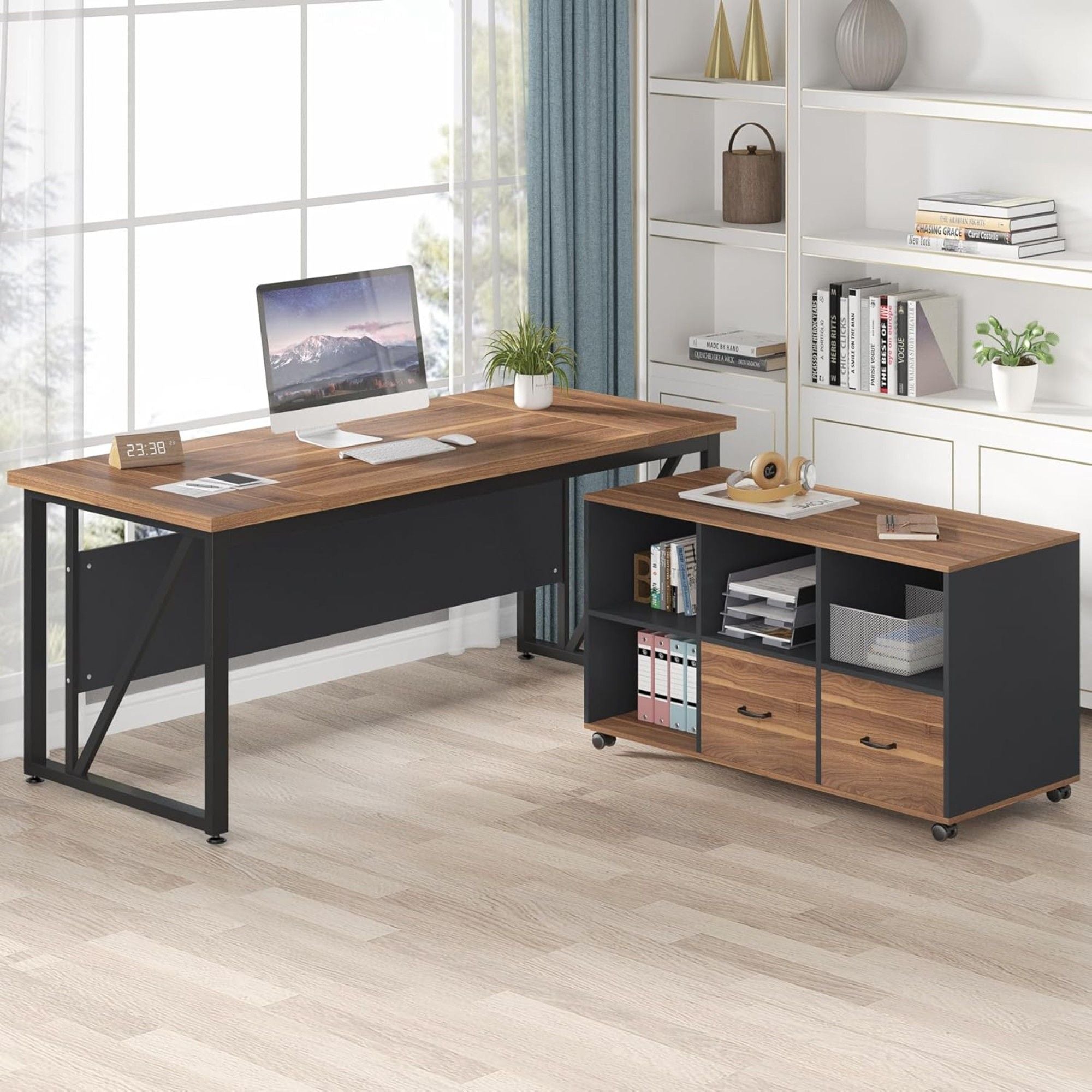 L-Shaped Executive Desk With Mobile File Cabinet, Large Home Office Workstation With Drawers And Shelves - Brown / Black