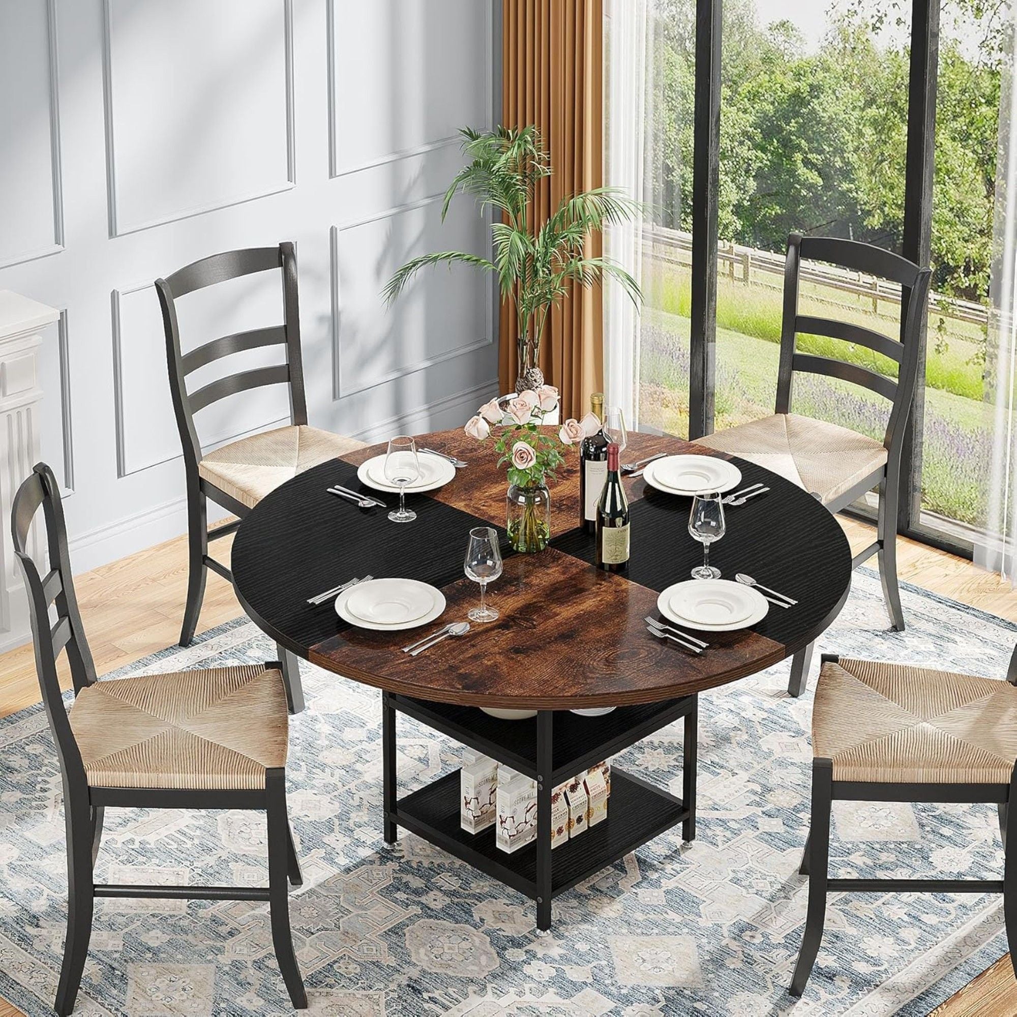 Round Dining Table For 4 With Storage Shelf - Brown / Black