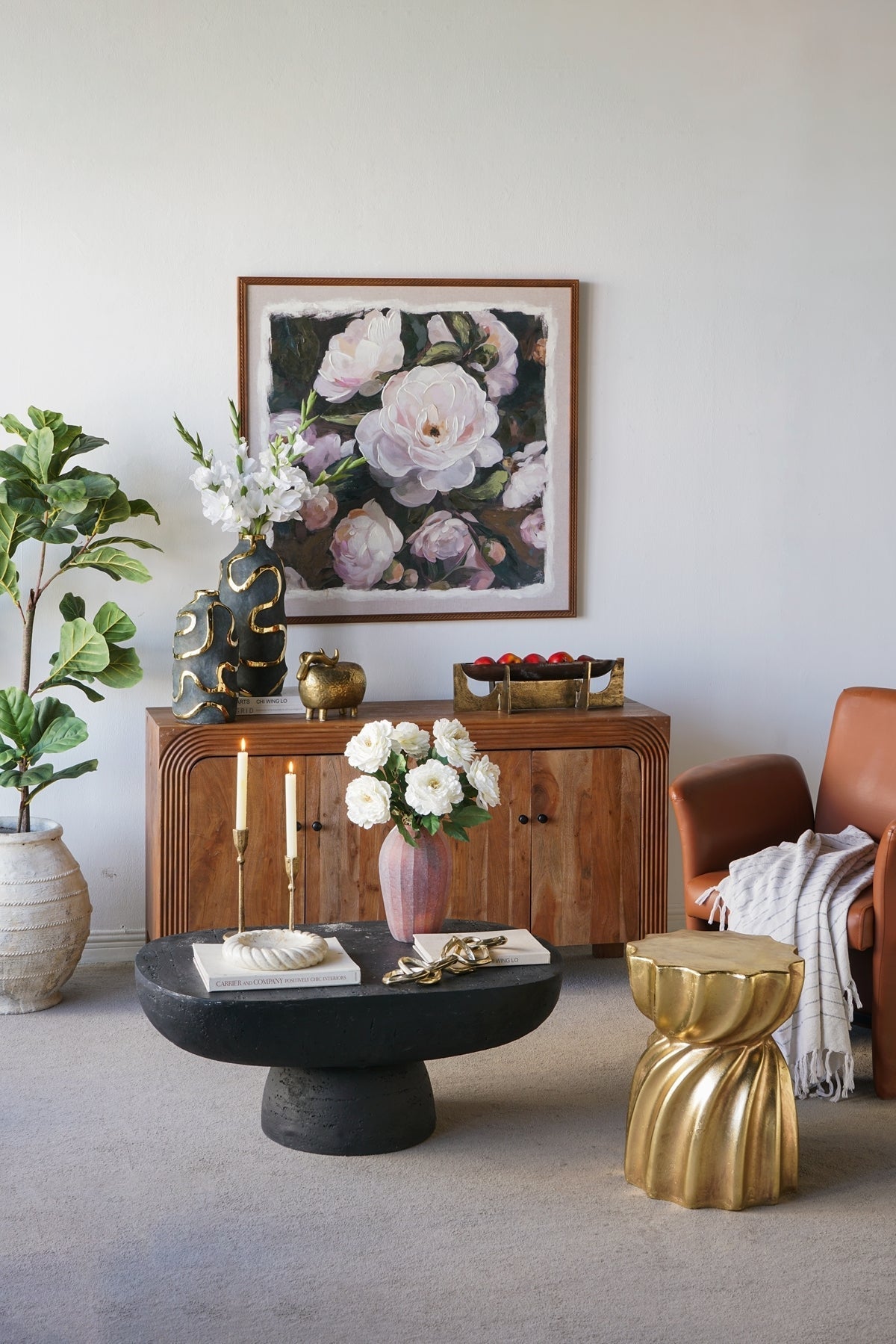 14x14x18.7' Gold Magnesium Accent Stool with Sculptural Swirl Design