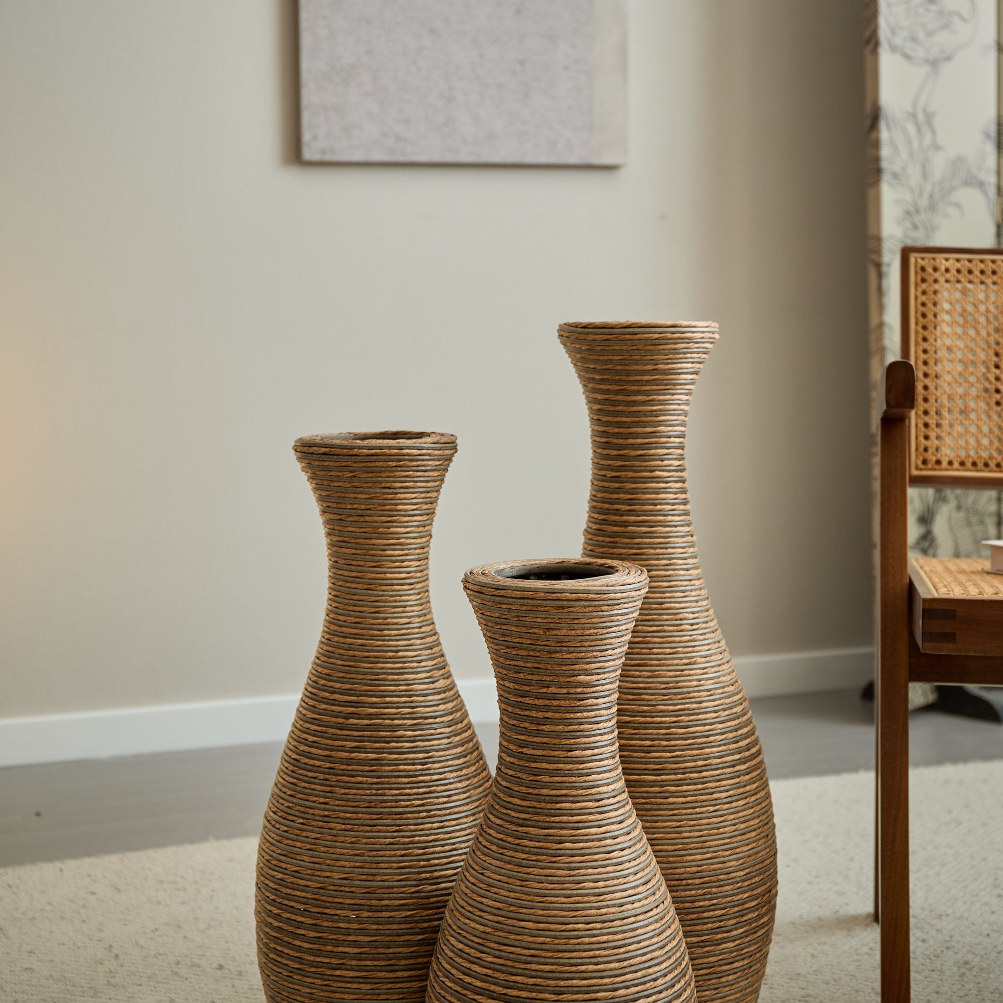 3 Piece Artificial Rattan Floor Vase Set Decorative Accent For Living Room, Hallway & Entryway, Ideal For Dried Or Silk Flower Arrangements - Beige