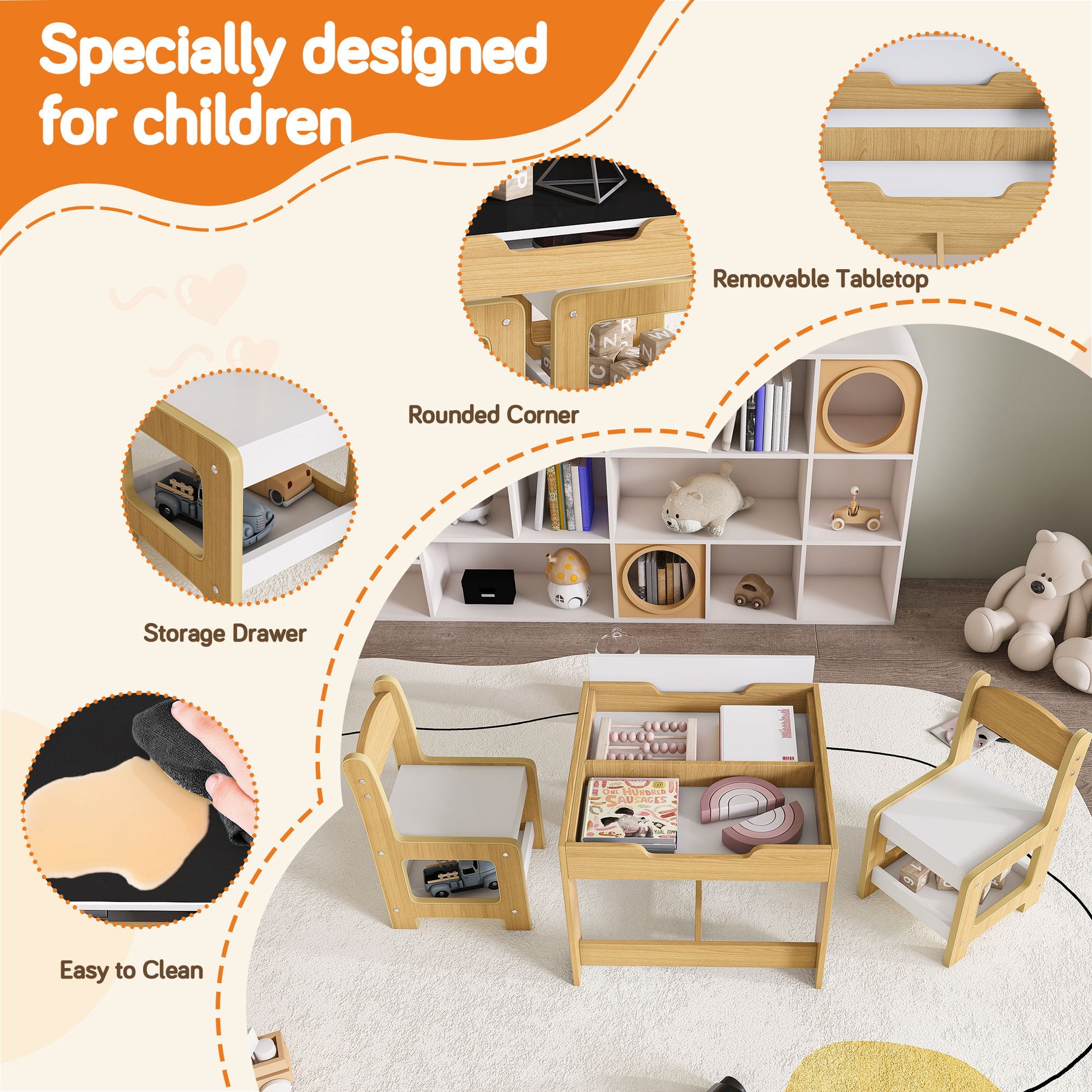 3 In 1 Kids Study Table & Chairs Set Multi Functional Activity Table With Detachable Blackboard Top - Natural Wood - Best Buy Furniture