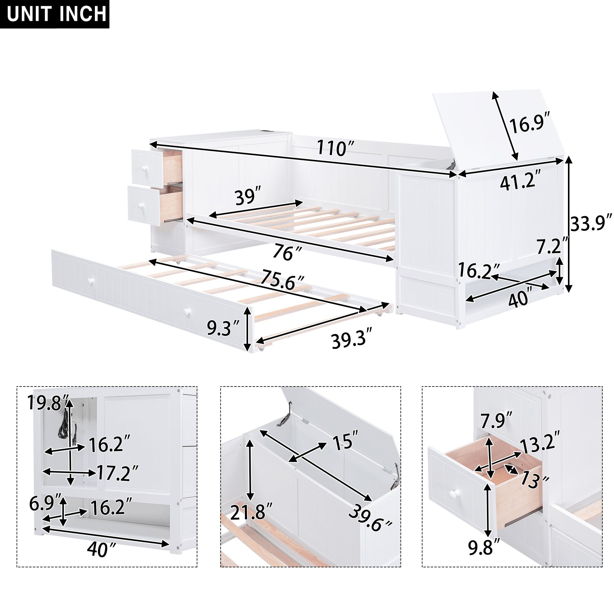Daybed With Storage Arms, Trundle And Charging Station