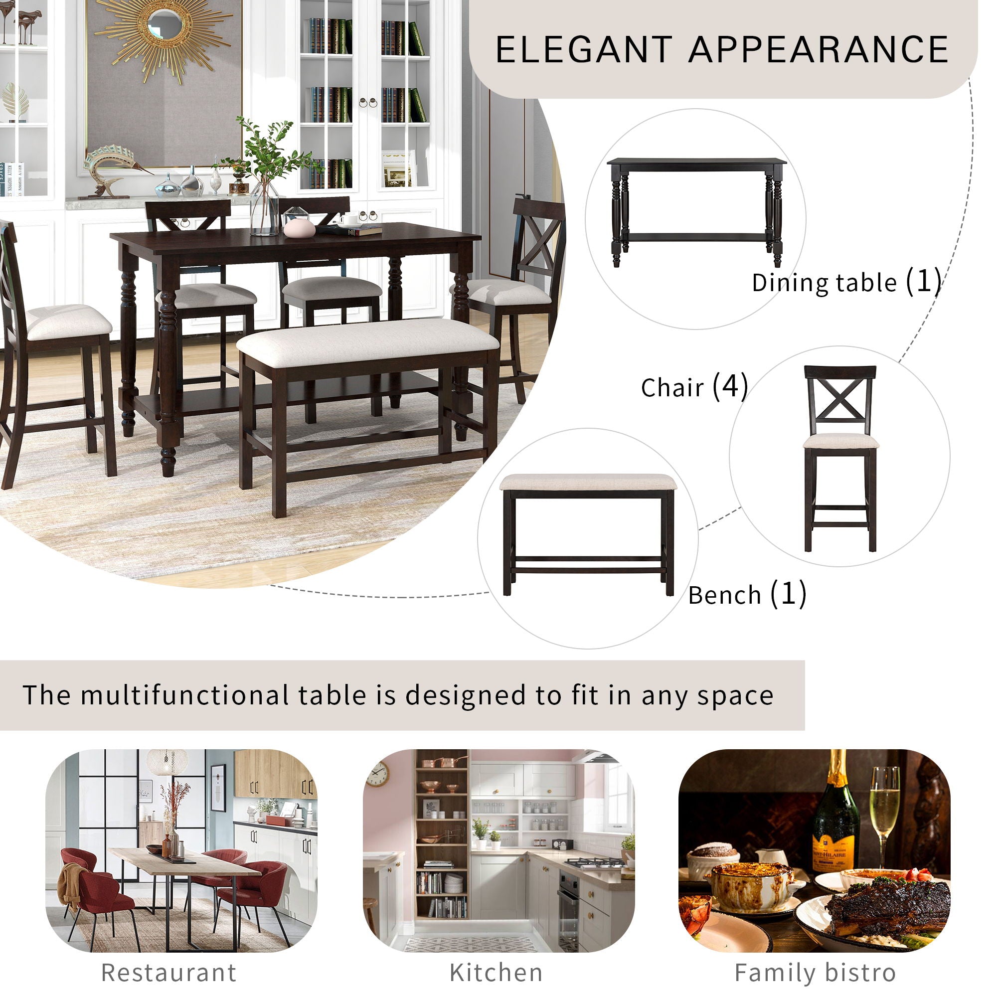 6 Piece Counter Height Dining Table Set With Shelf, 4 Chairs And Bench
