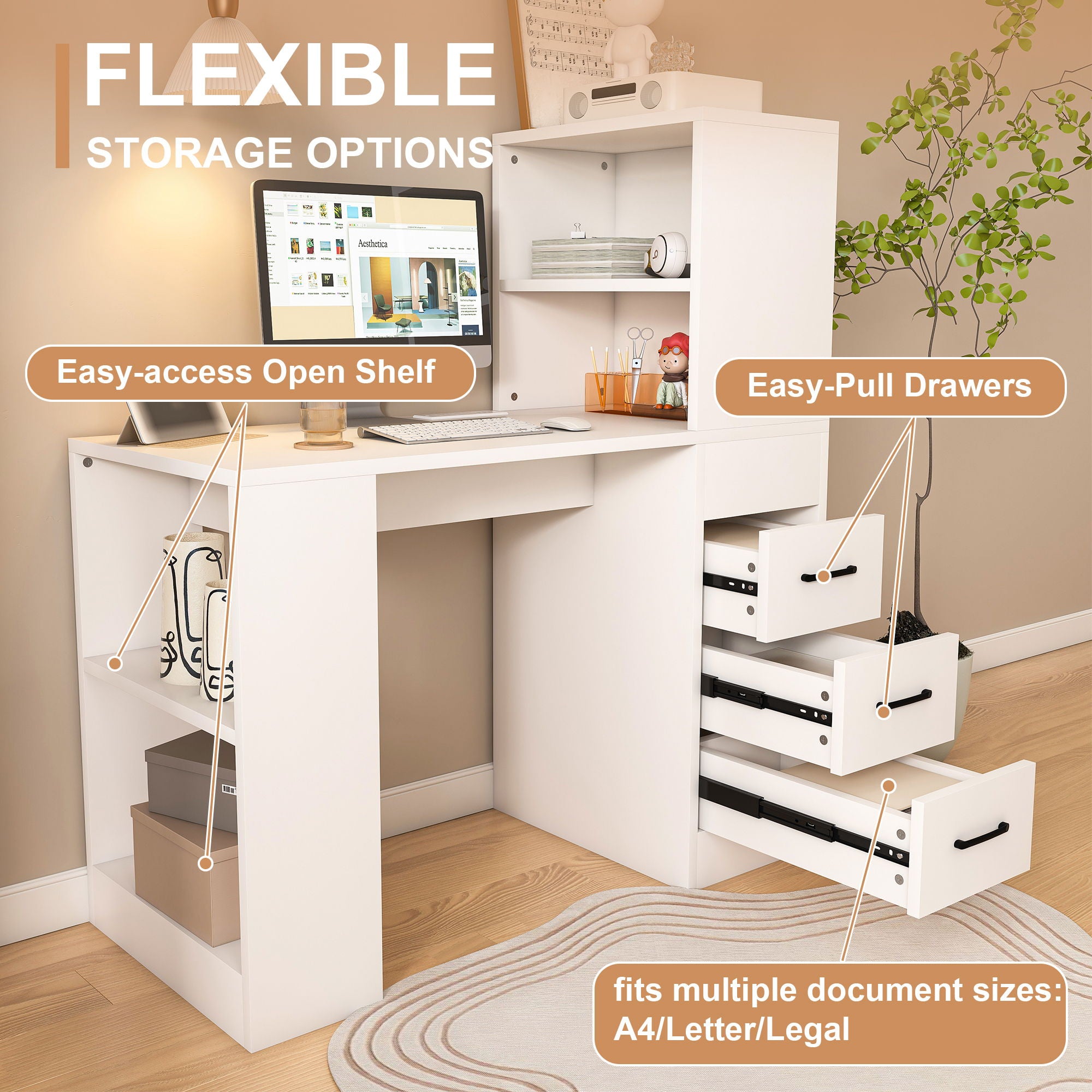Modern Computer Desk With Built In Socket 3 Slide Drawers 4 Storage Levels - White