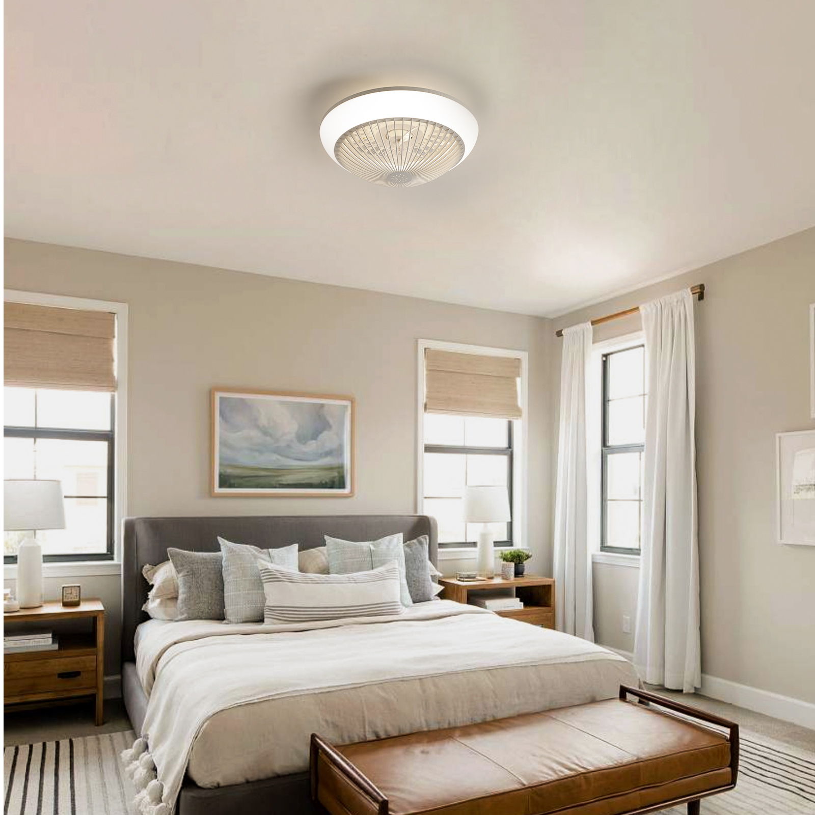 RGB Dimmable LED Enclosed Ceiling Fan With Remote Control, Bladeless Design - White