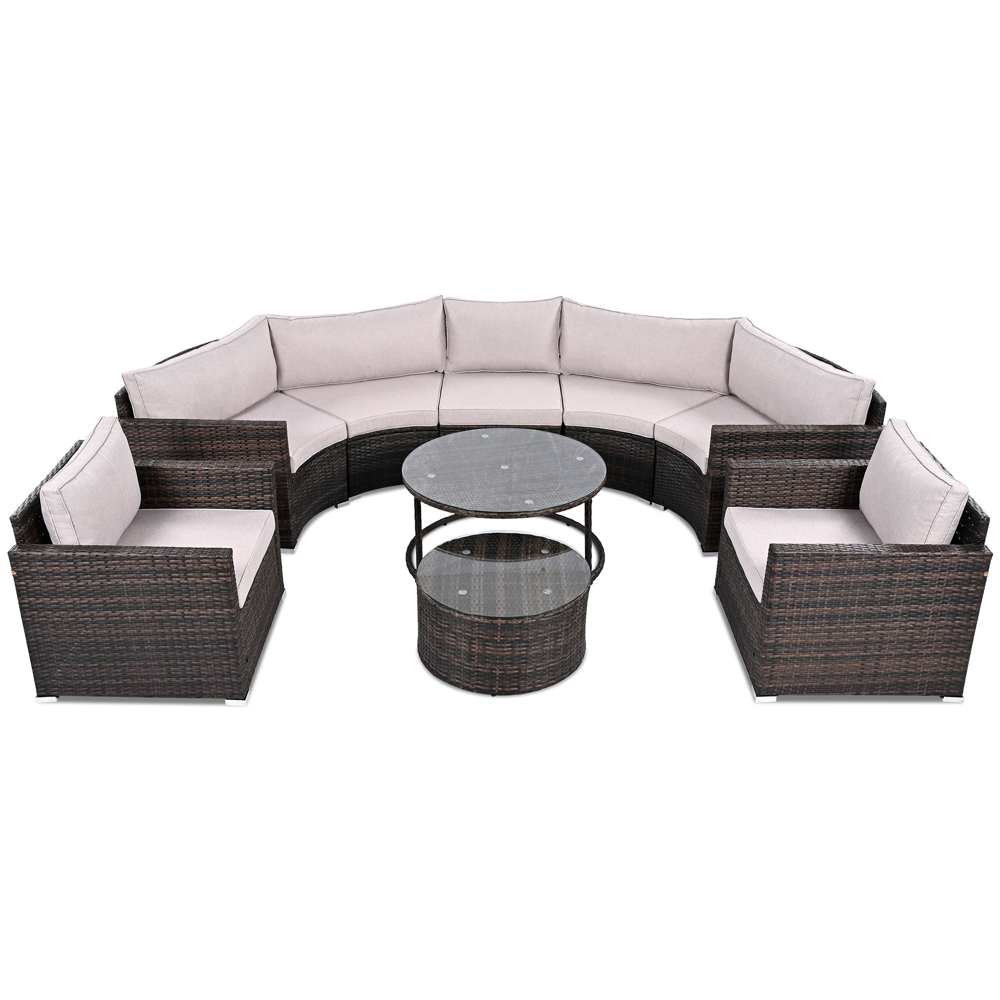 9 Pieces Outdoor Half-Moon Patio Sofa Set, Round Sofa Set, Modern Style Sofa - Brown / Beige