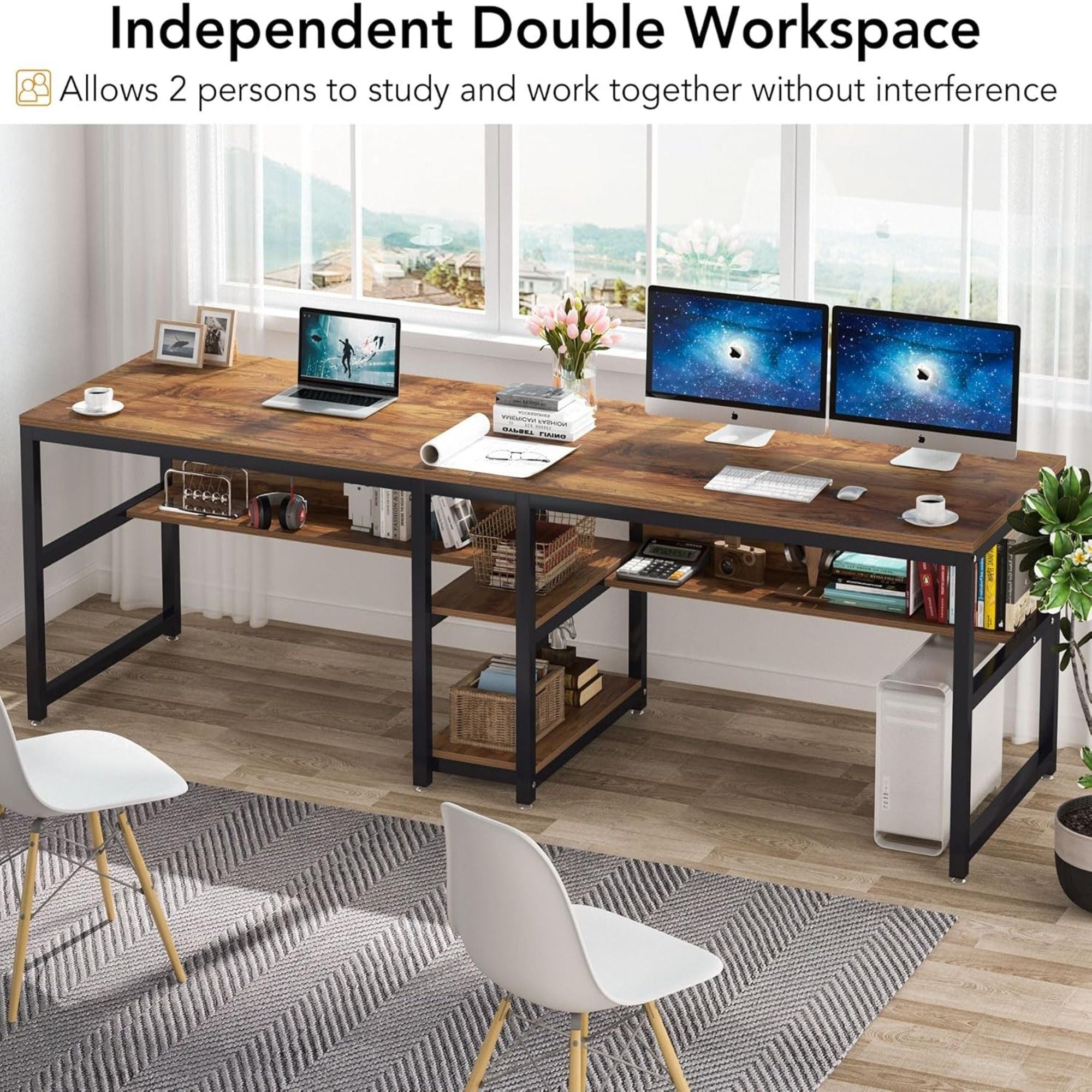 Double Desk For 2 With Bookshelves, 2 Person Workstation With Storage - Brown / Black