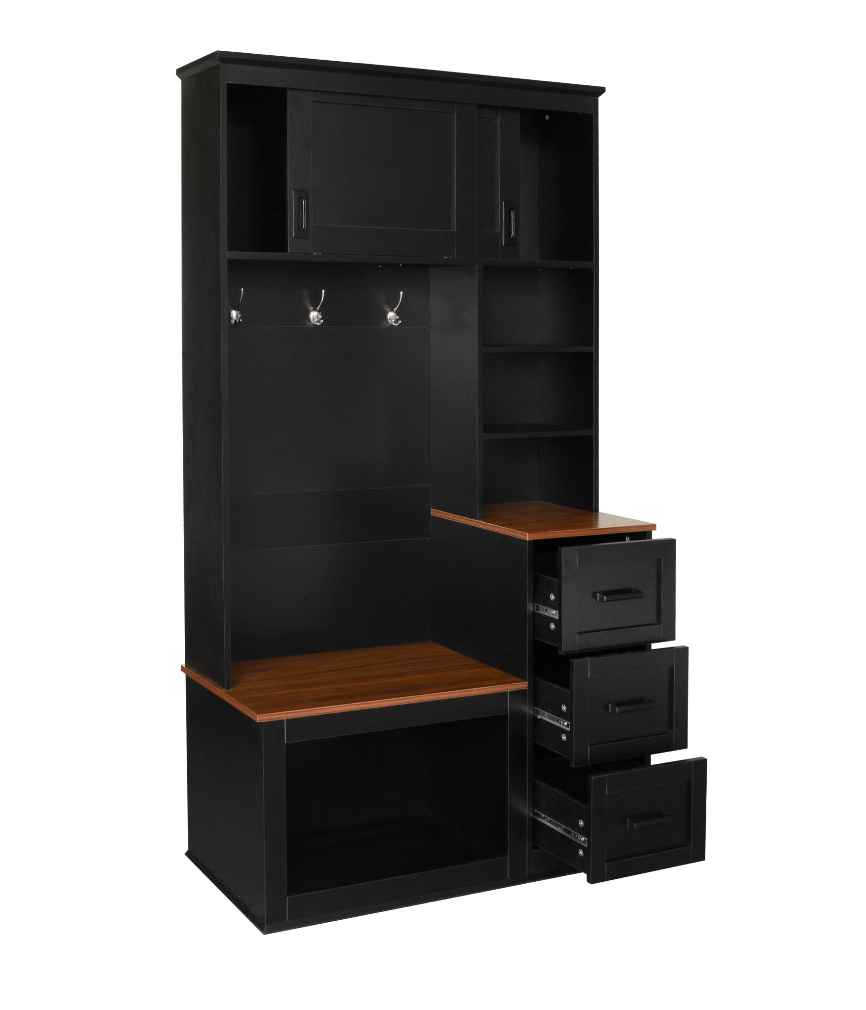 Modern Wide Hall Tree With Coat Rack, 3 Shelves And Drawers, 3 Sturdy Hooks