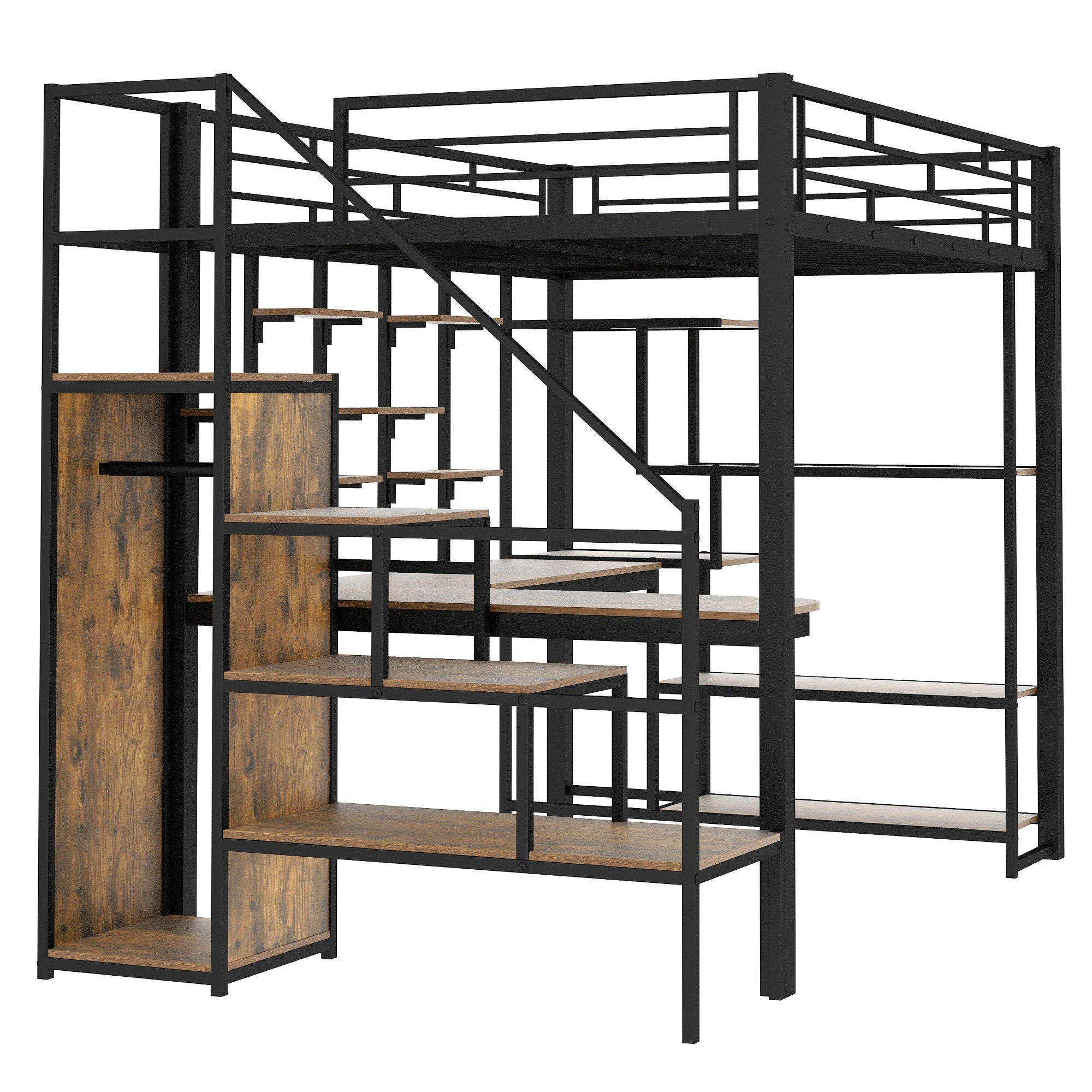 Loft Bed With Storage Staircase And Small Wardrobe, Built - In Desk And Storage Shelves