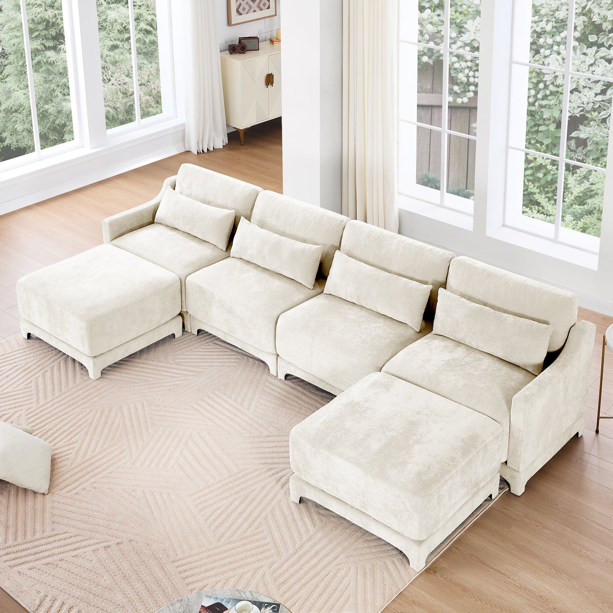 Elegant Four-Seater Sofa with Movable Ottoman and Lumbar Pillow