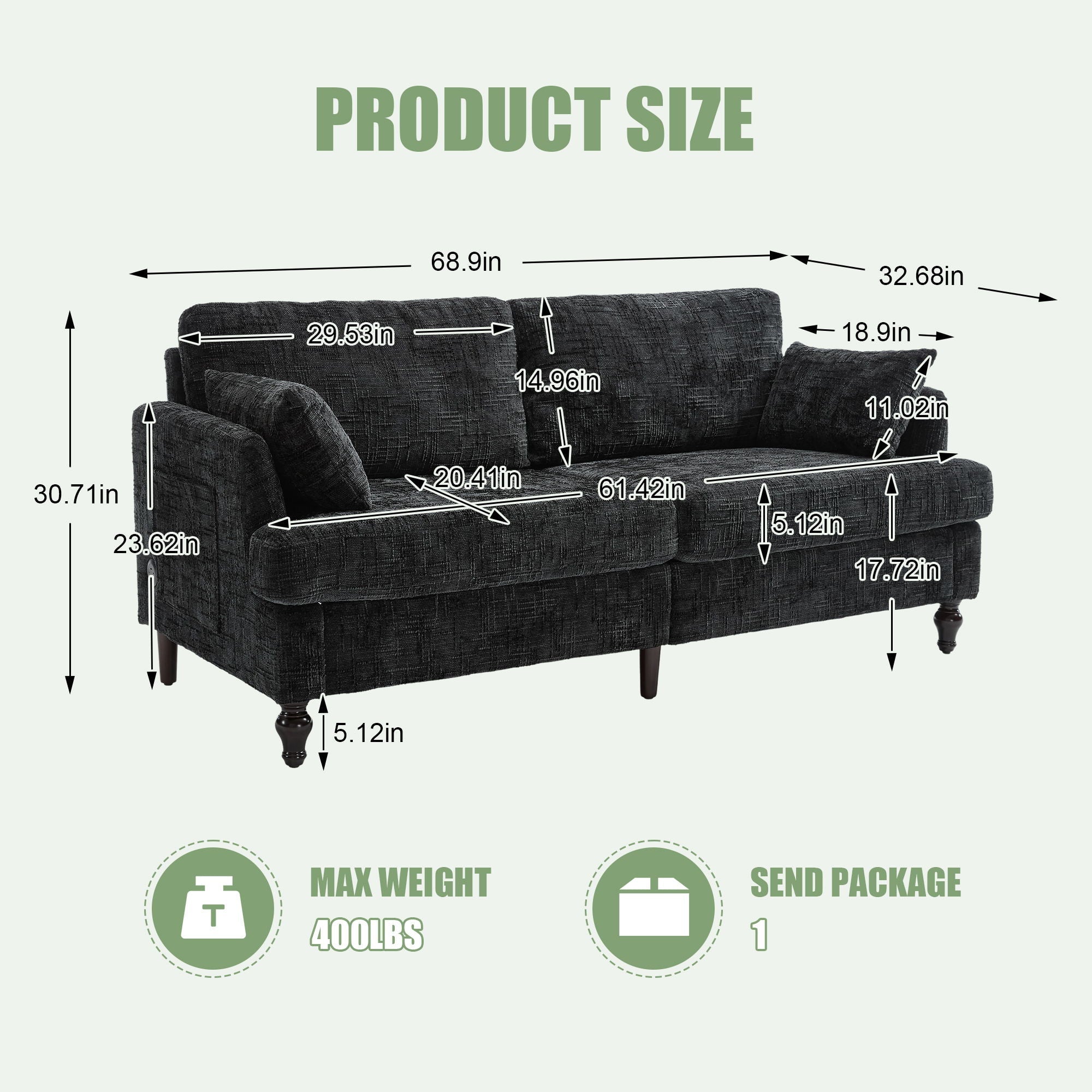 2 Seater Sofa With LED Light, USB Charging Port, And Storage Bag