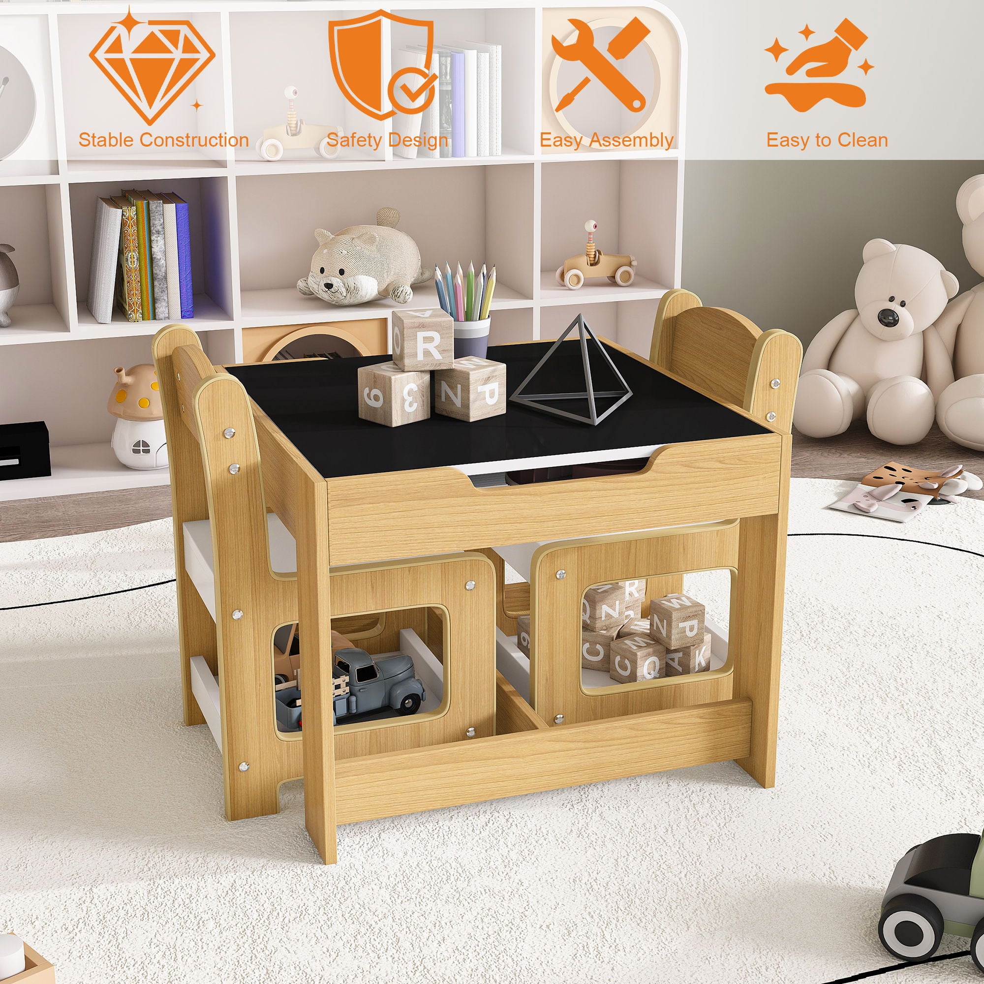 3 In 1 Kids Study Table & Chairs Set Multi Functional Activity Table With Detachable Blackboard Top - Natural Wood - Best Buy Furniture