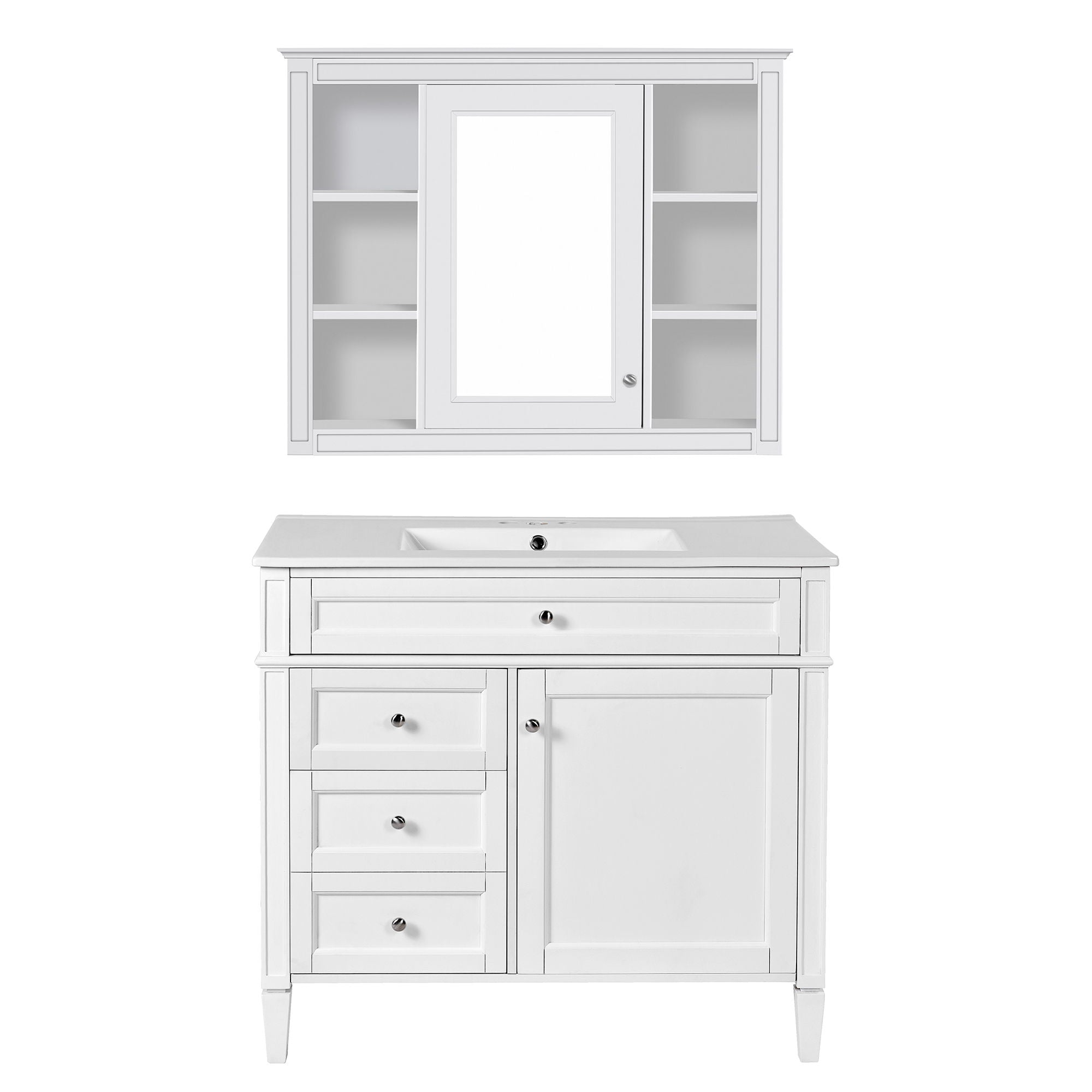 Bathroom Vanity With Mirror Cabinet, Single Sink With 2 Soft Closing Doors And 4 Drawers