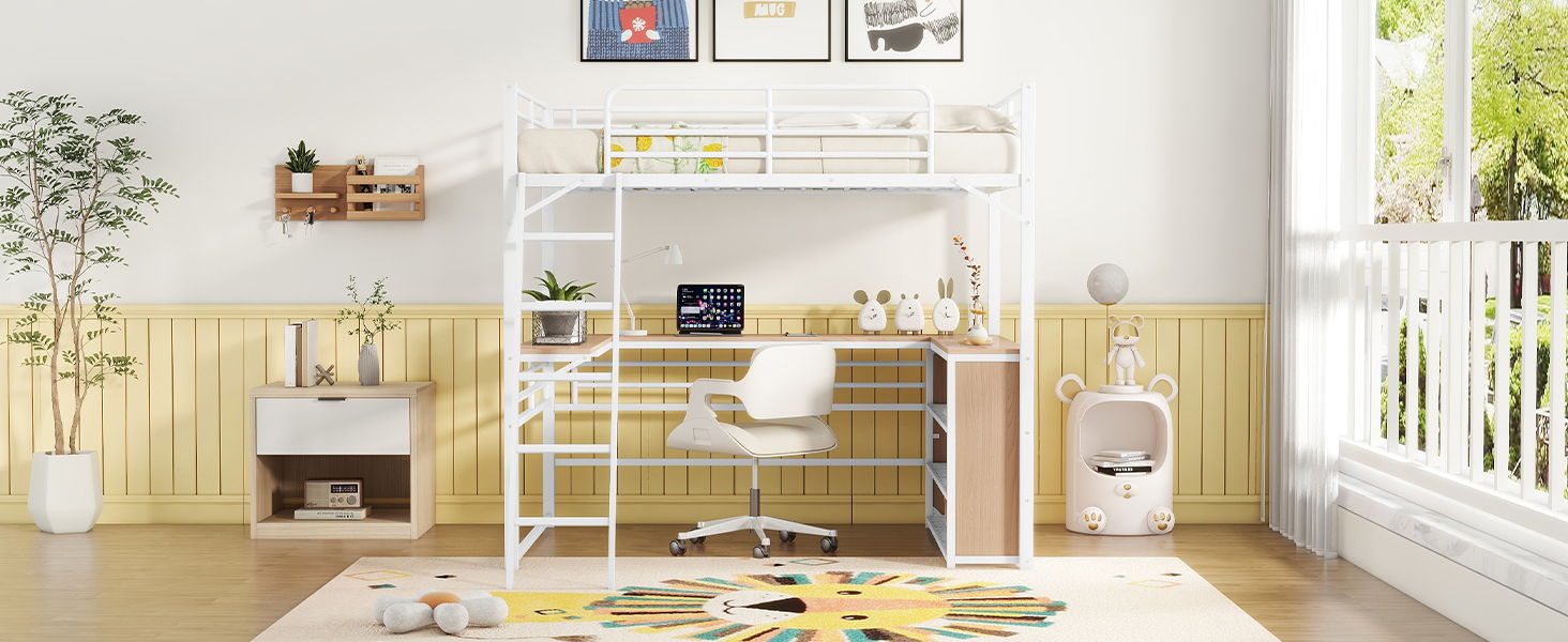 Loft Bed & 3 Layers Of Shelves And L-Shaped Desk