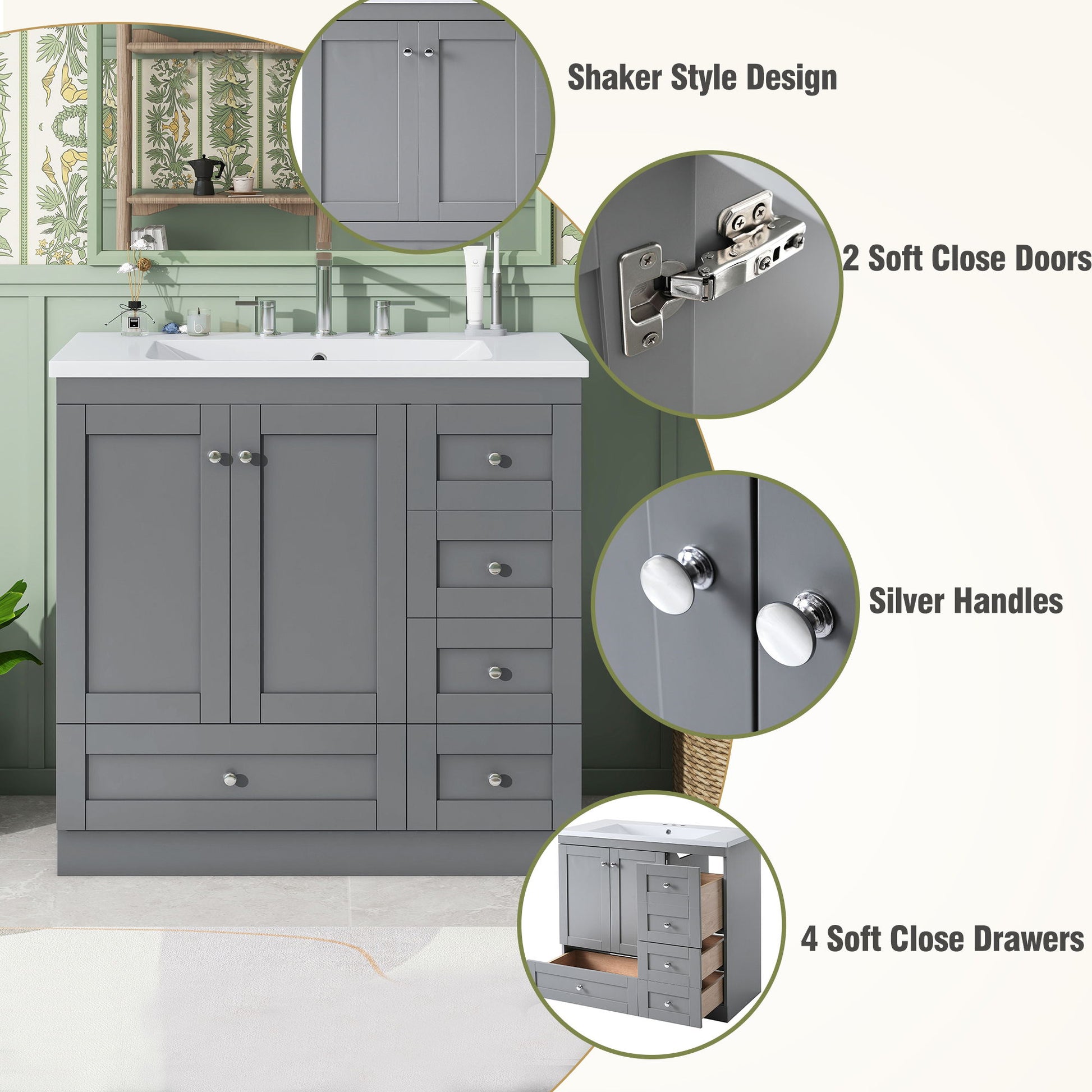 Shaker Free Standing Bathroom Vanity Cabinet With Sink, Soft Close Drawers, Soft Close Doors - Best Buy Furniture