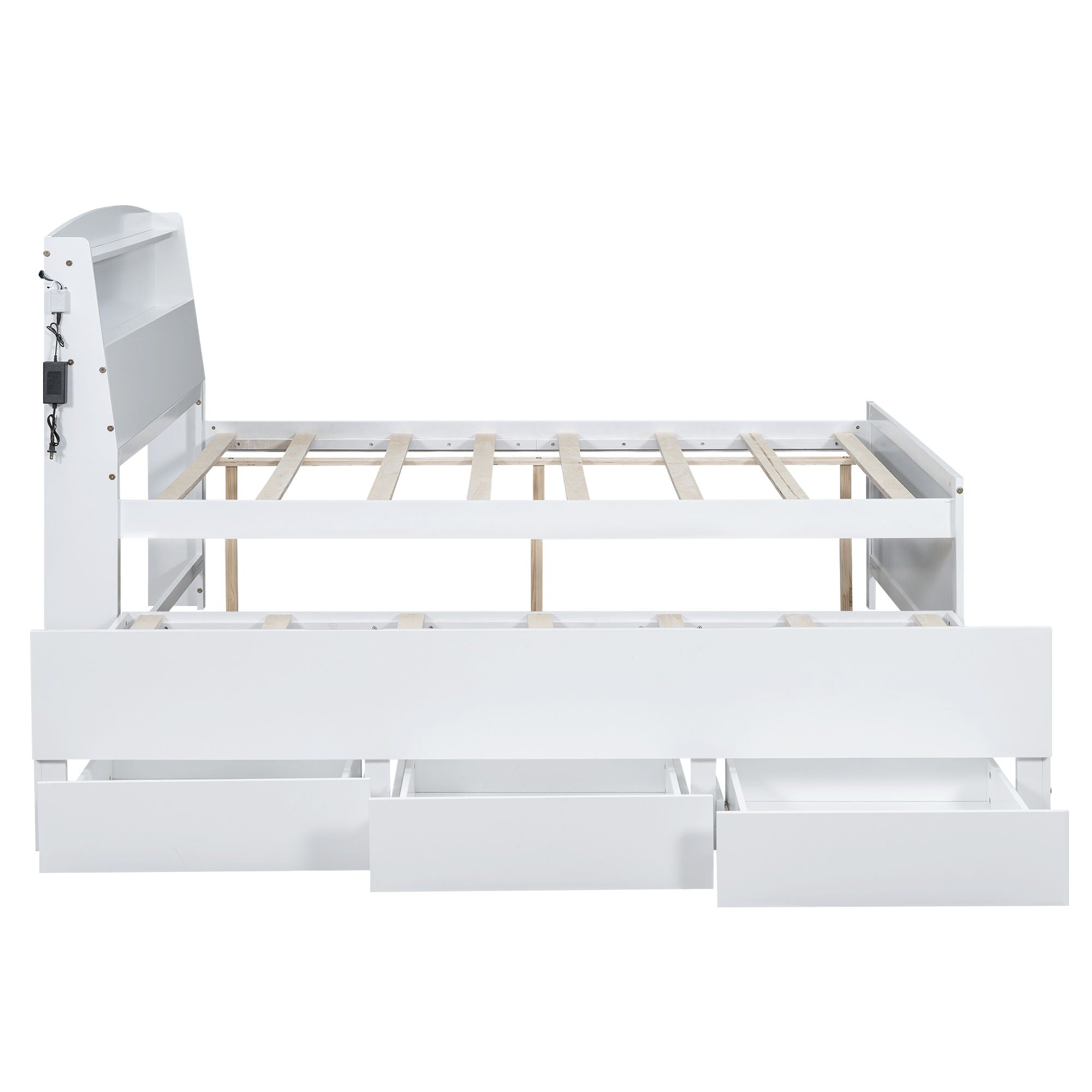 Full Size Platform Bed With Storage LED Headboard, Twin Trundle And 3 Drawers - White
