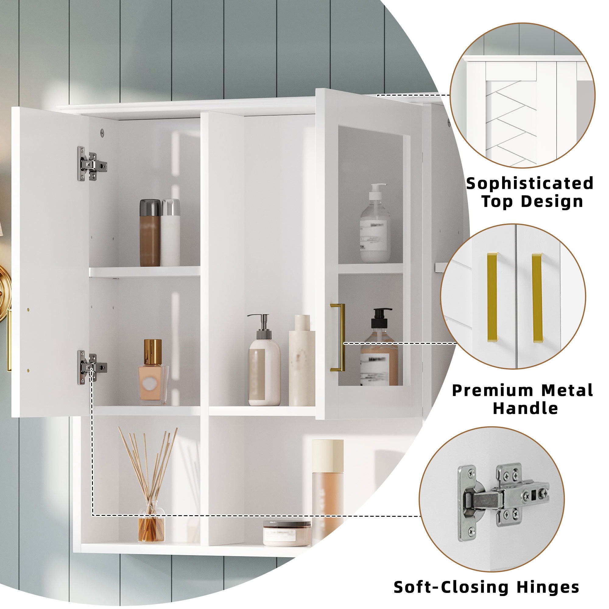 Modern Wall Mounted Medicine Cabinet With Adjustable Shelves, Soft Close Doors, High Define Mirror