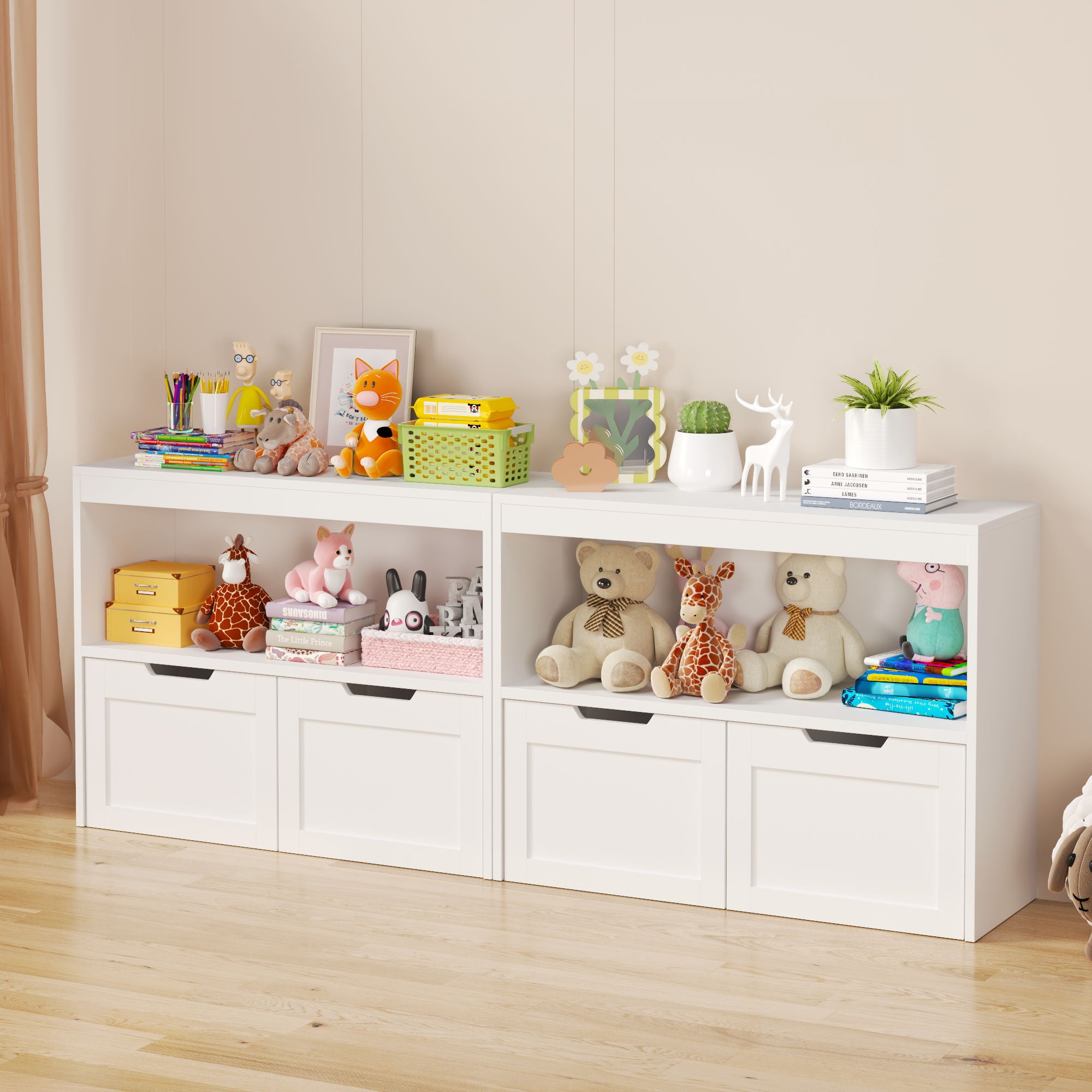 Book Organizer With Large Drawers And Open Shelves, Toy Storage Cabinet With Removable Wheels And Rounded Edges - White