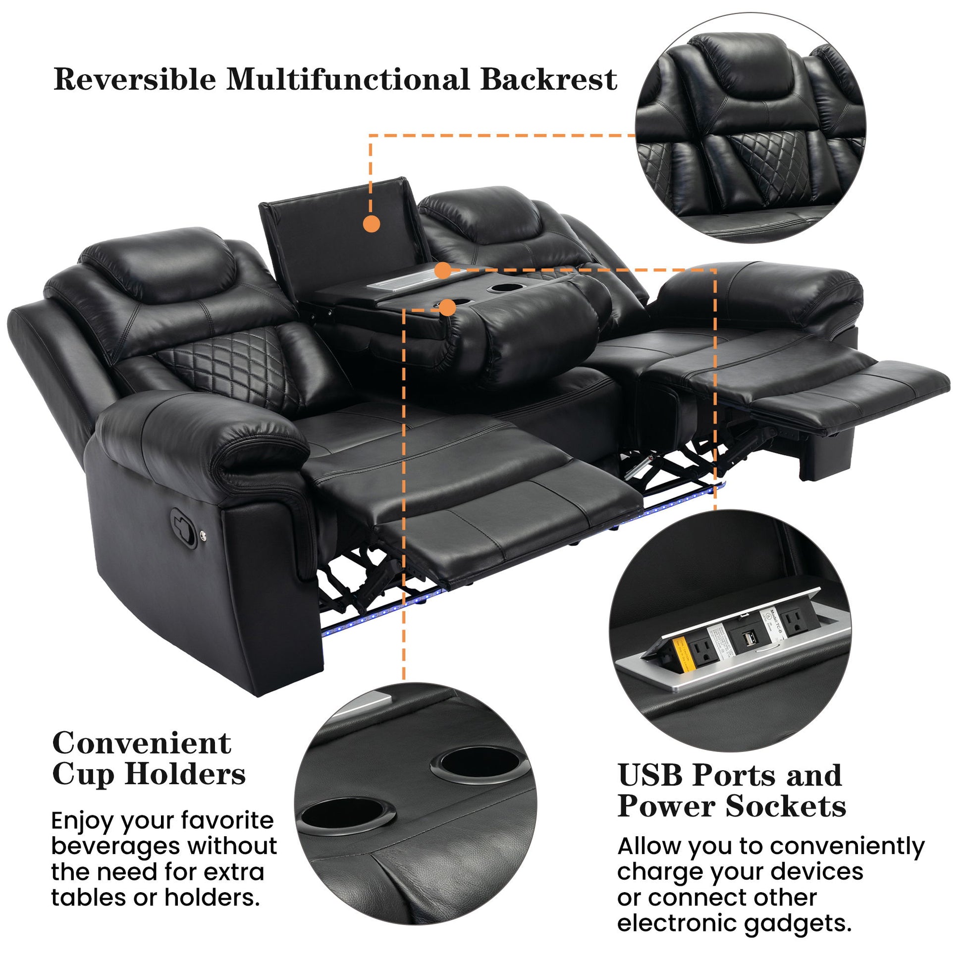3 Pieces Recliner Sofa Sets Home Theater Seating Manual Recliner Chair With Center Console And LED Light Strip For Living Room - Best Buy Furniture