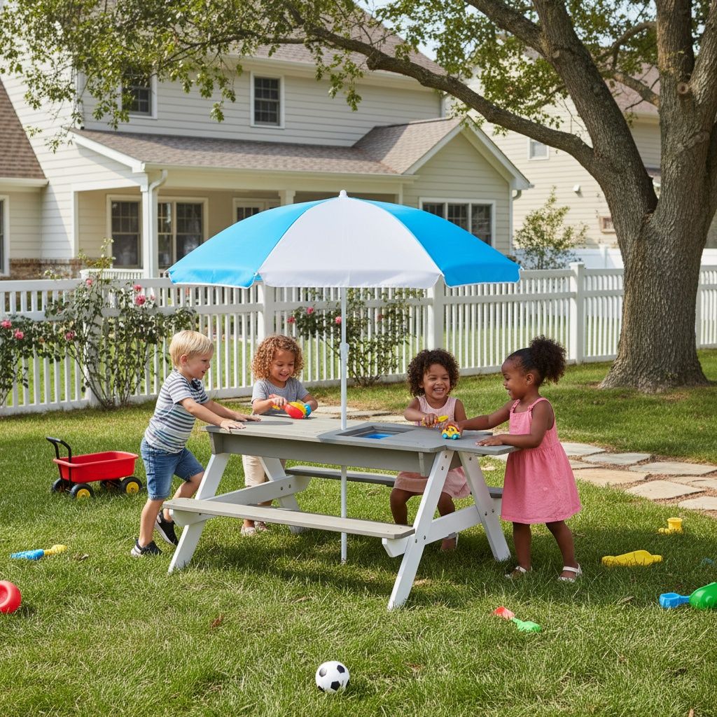 Wooden Kids Picnic Table, Sand And Water Table With Umbrella, Activity Table For Outdoor Backyard Patio Play - White / Gray