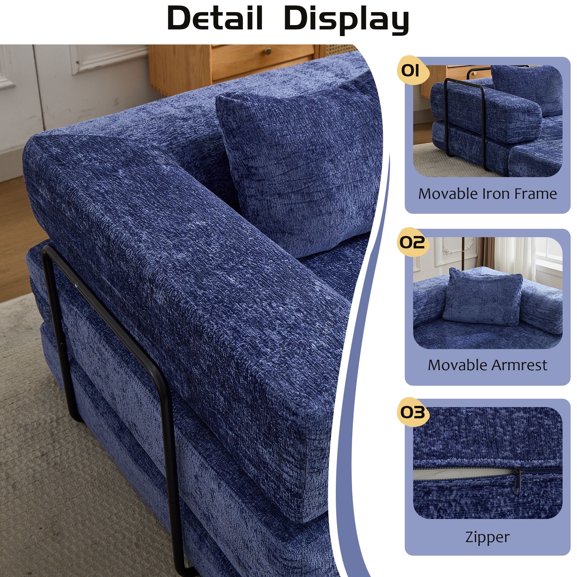 Convertible Floor Sofa Bed With Fixed Shape Frame, Loveseats Boneless Modular Sectional, For Living Room - Dark Blue