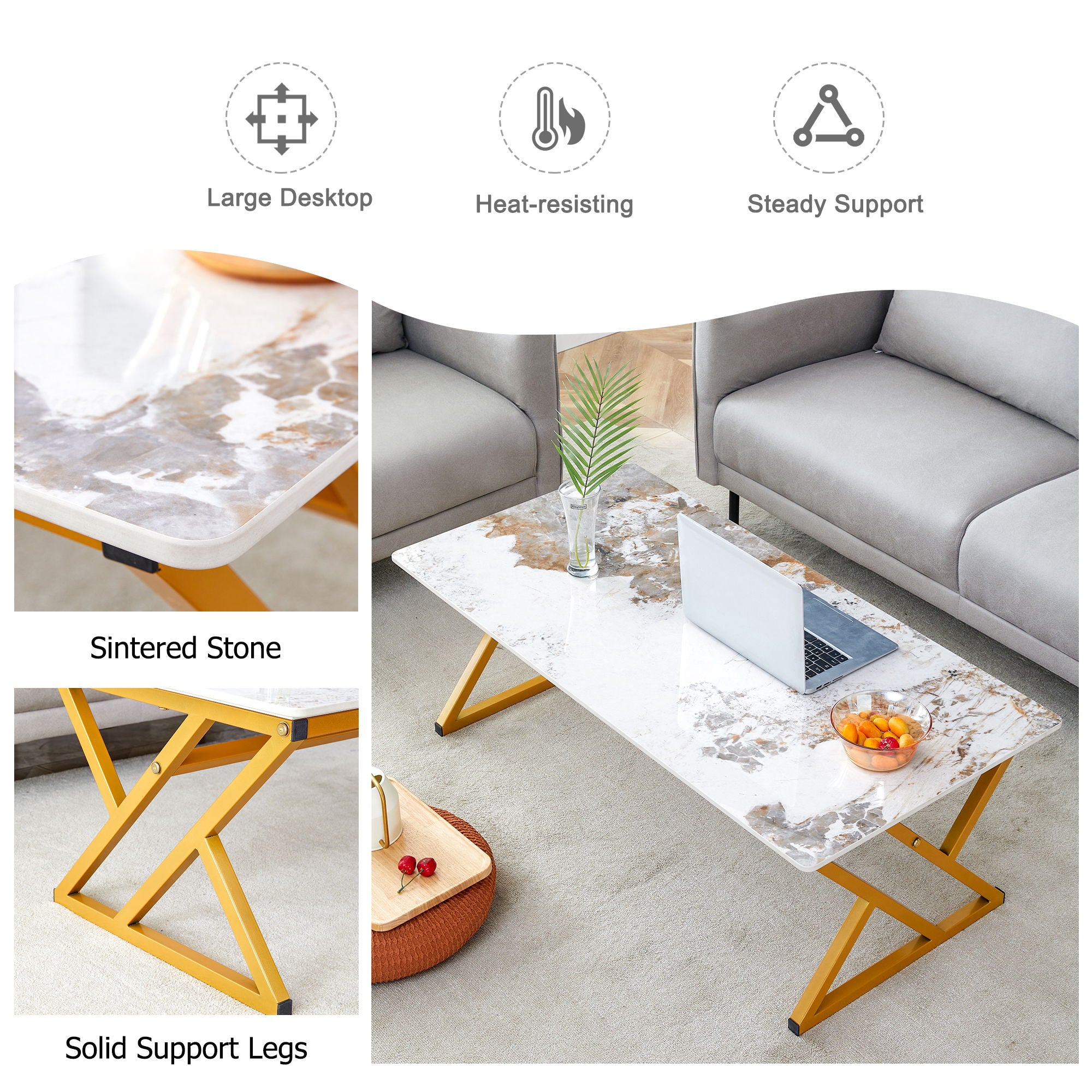Coffee Table With A Natural And Smooth Marble Pattern On The Surface - Gold