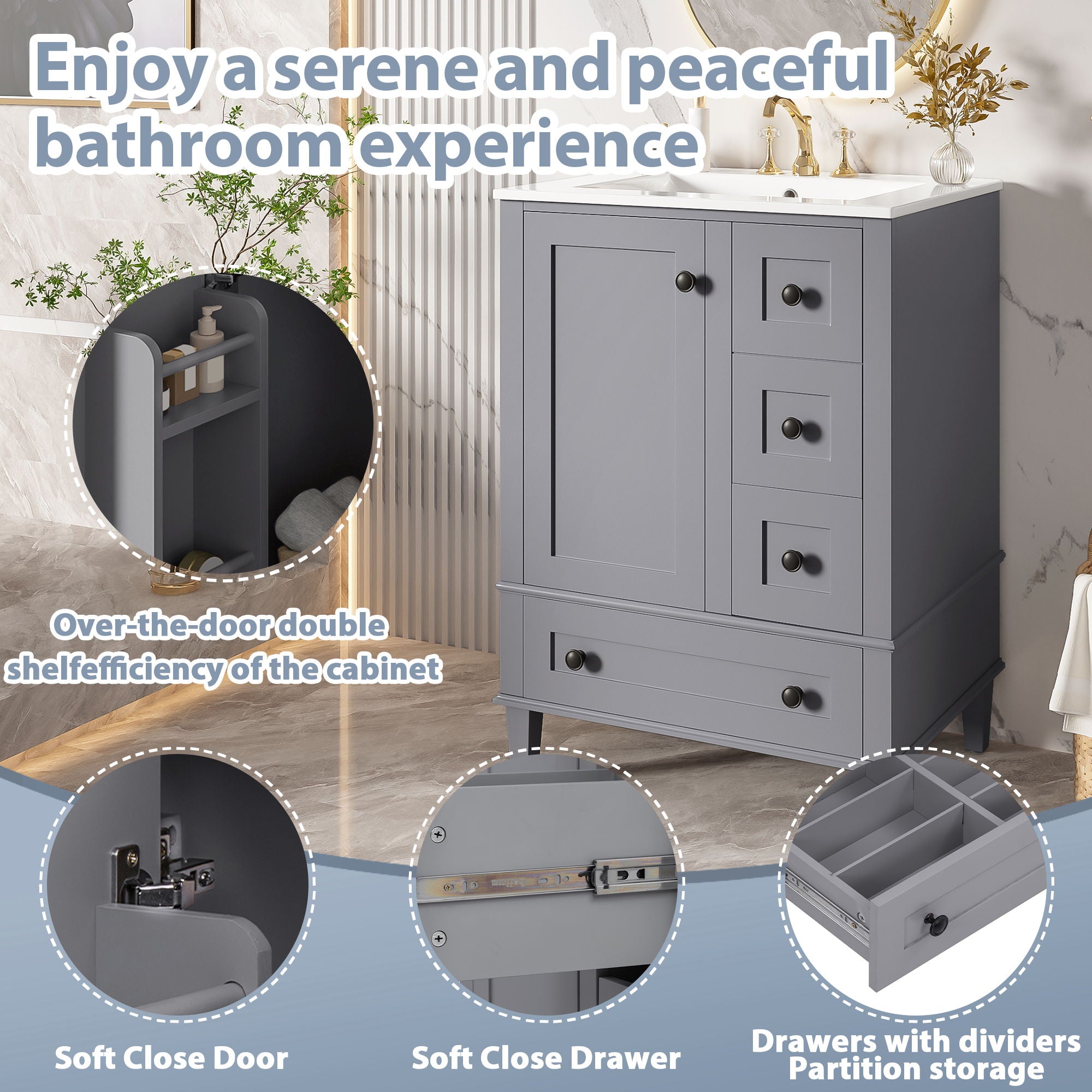 Bathroom Vanity With Integrated Basin, Soft Close Drawers, Door Mounted Double Layer Shelf