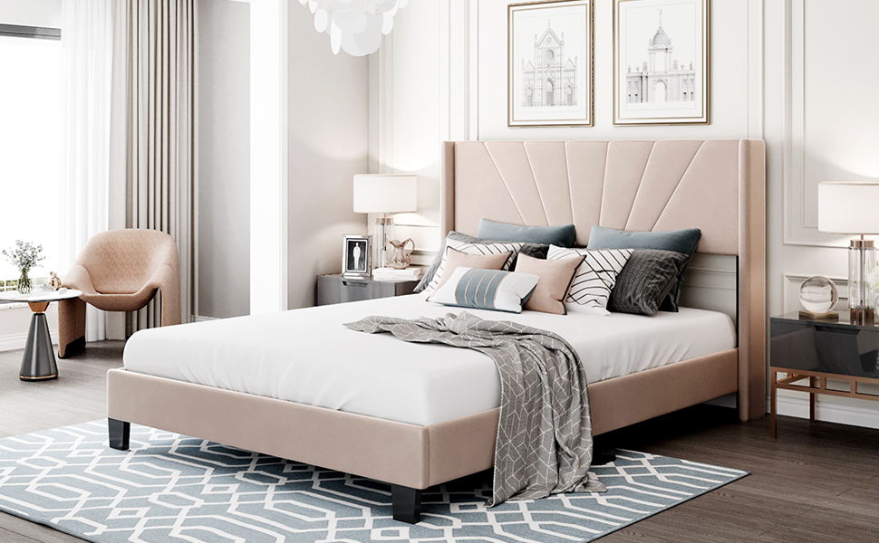 Velvet Upholstered Platform Bed, Box Spring Needed
