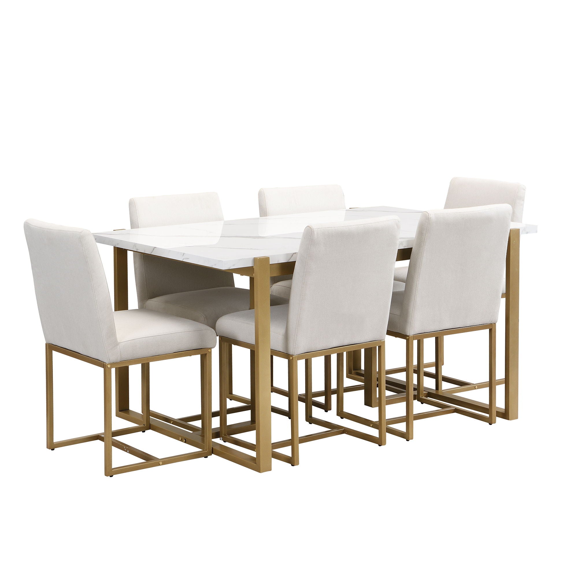 Modern Dining Table Set For 6 Faux Marble Kitchen Table Set With 6 Upholstered Dining Chairs, 7 Piece - White / Golden