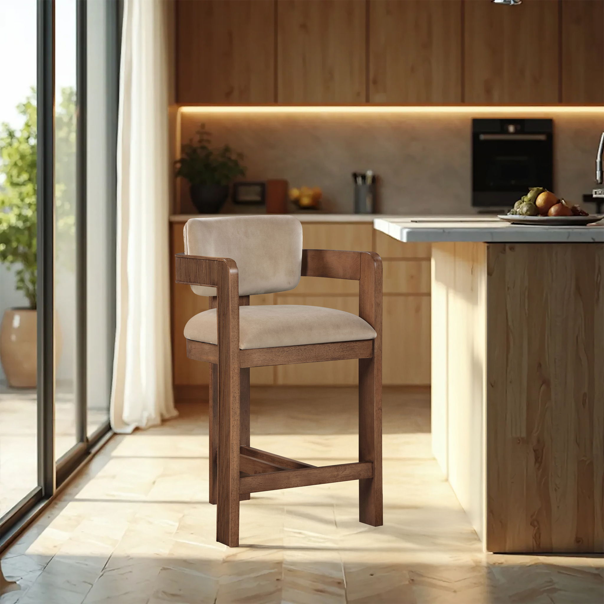 Sacha - Velvet Stool With Brown Base