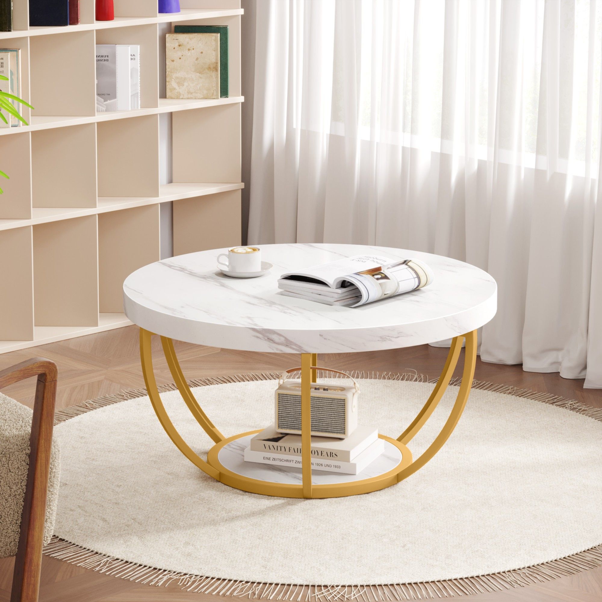 2 Tier Circle Coffee Table With Storage Shelves