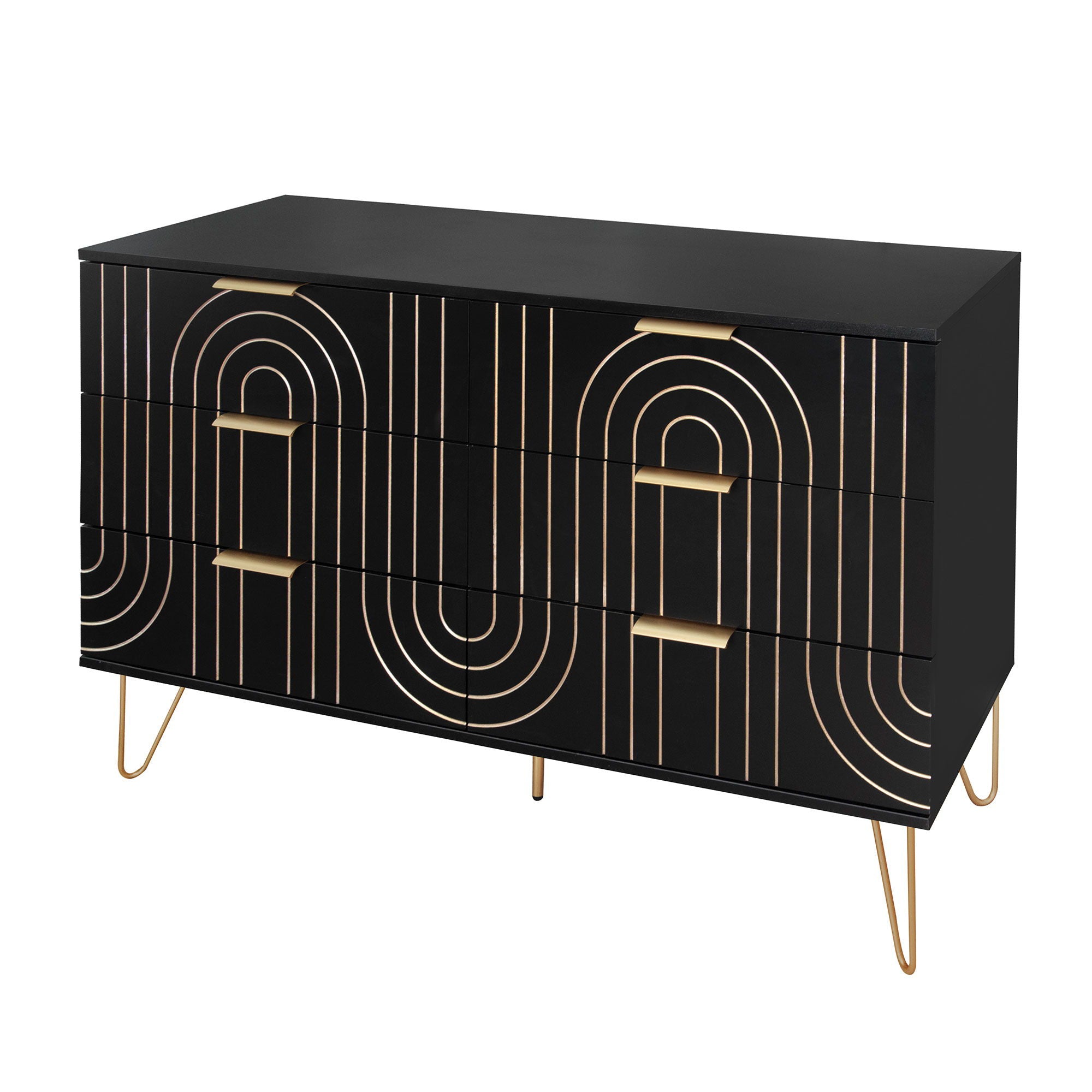 Modern 6 Drawer Dresser, Modern Dresser With Metal Handles, Storage Chest Of Drawer, Wide Dresser Drawer Organizers With Carving Design For Bedroom, Living Room, Hallway - Black