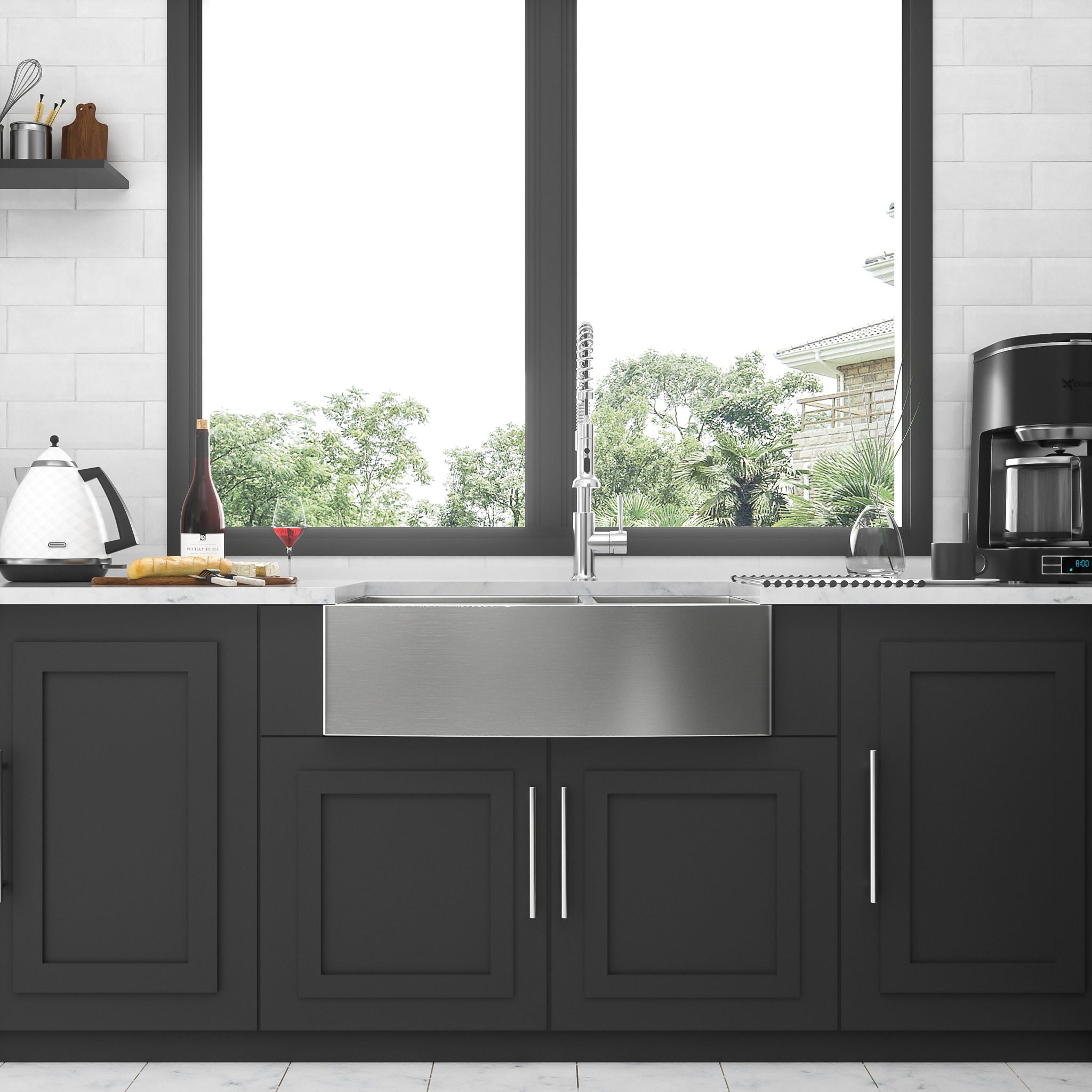Double Bowl Farmhouse Sink Stainless Steel Undermount Apron Front With 2 9" Deep Basins - Gray