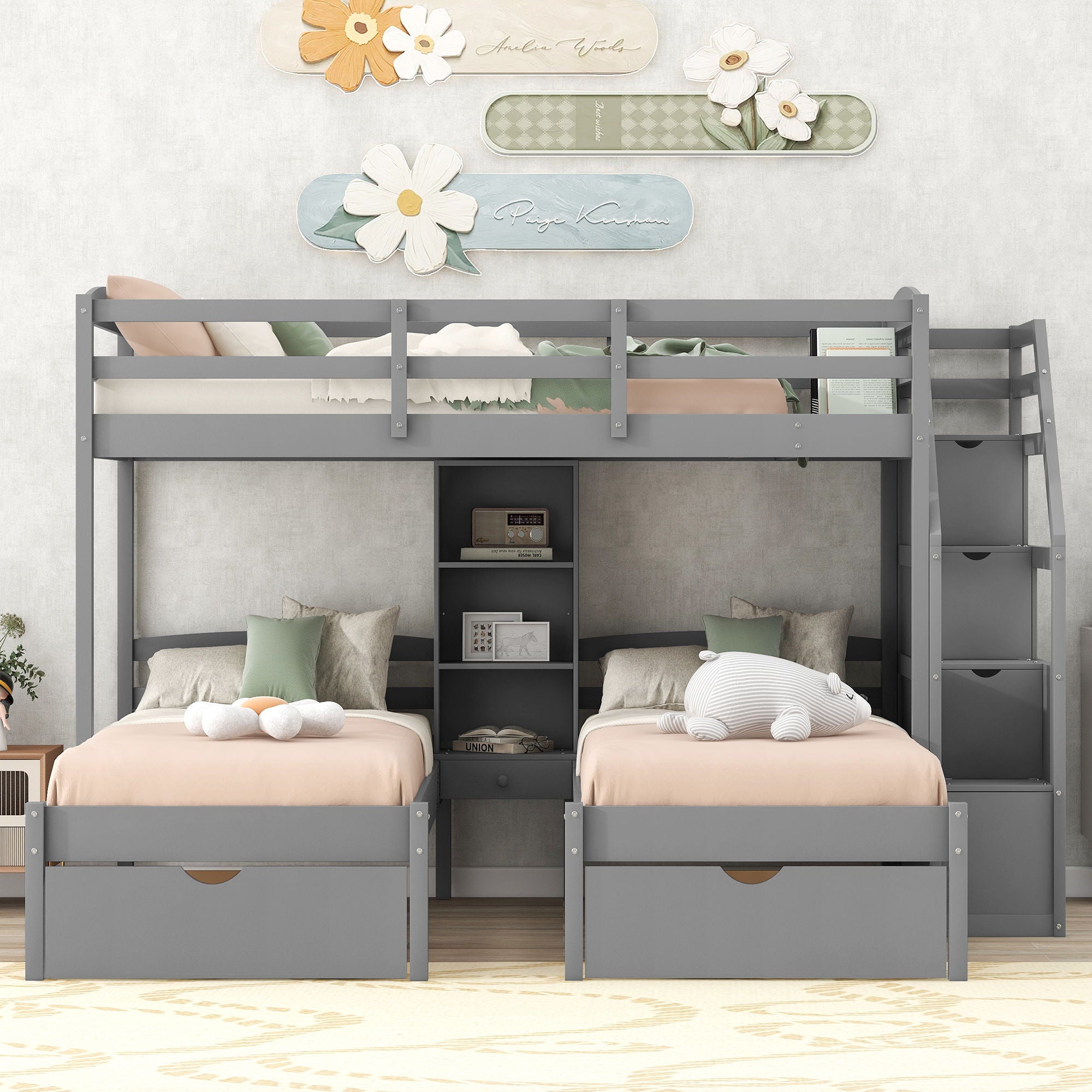 Twin Over Twin & Twin Bunk Bed With Drawers, Staircase Storage, Built In Shelves - Gray