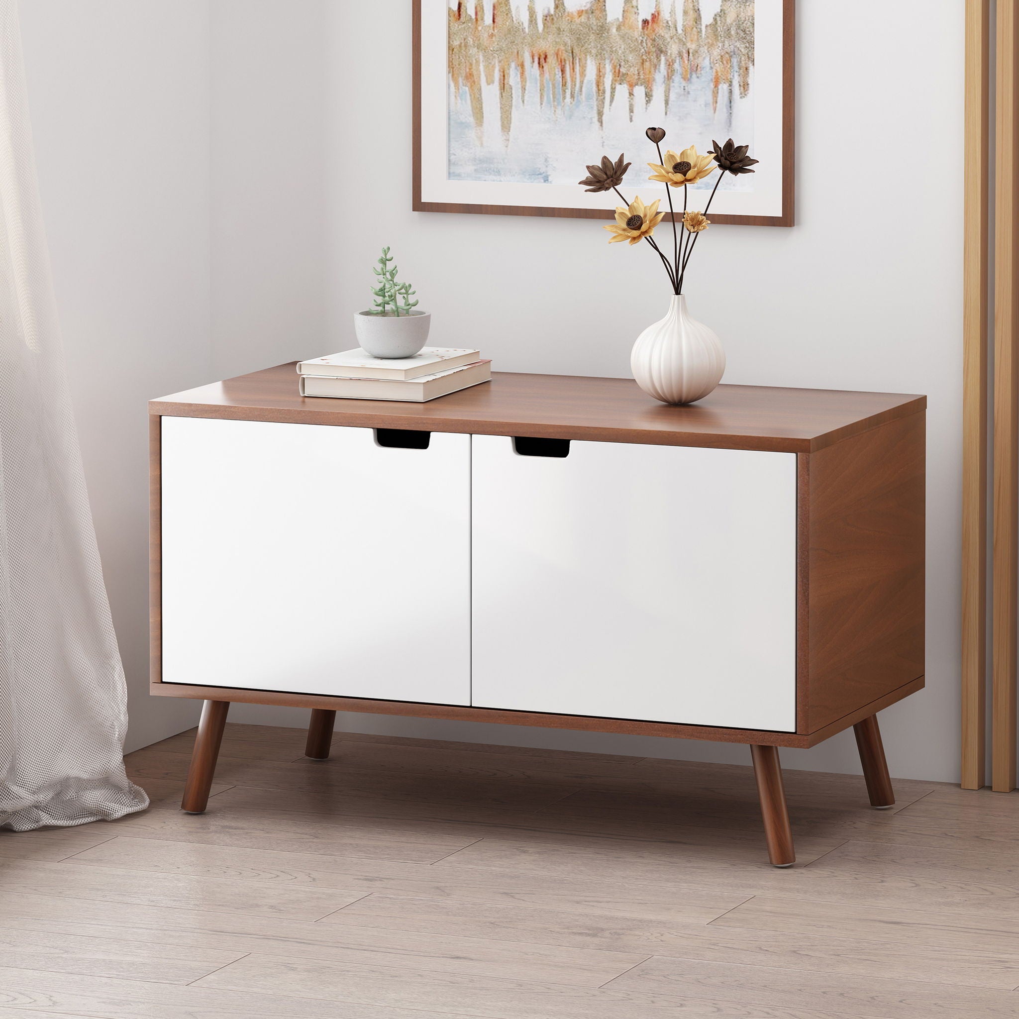 Modern 2 Door Cabinet End Table - White / Walnut